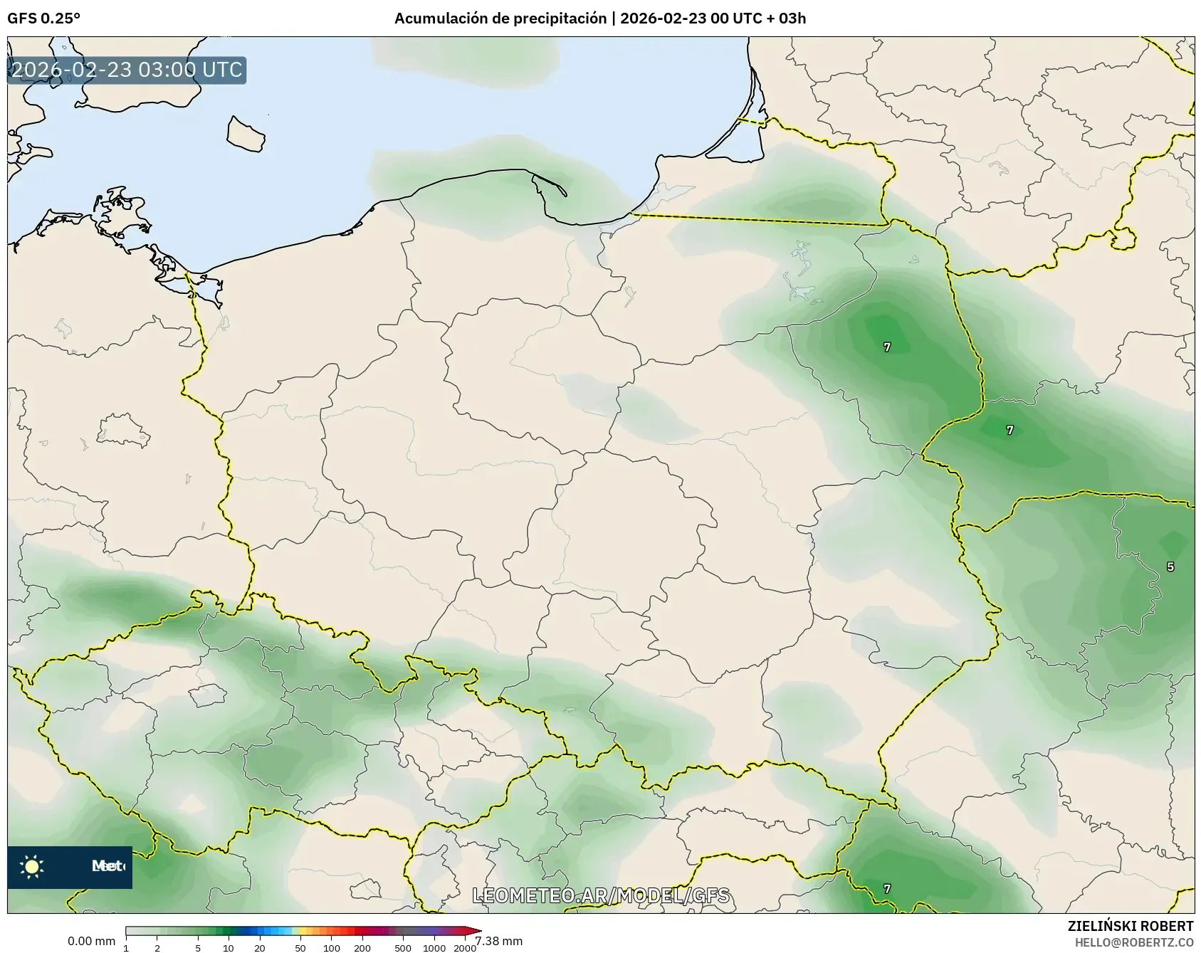 GFS model - Polska, Suma opadów