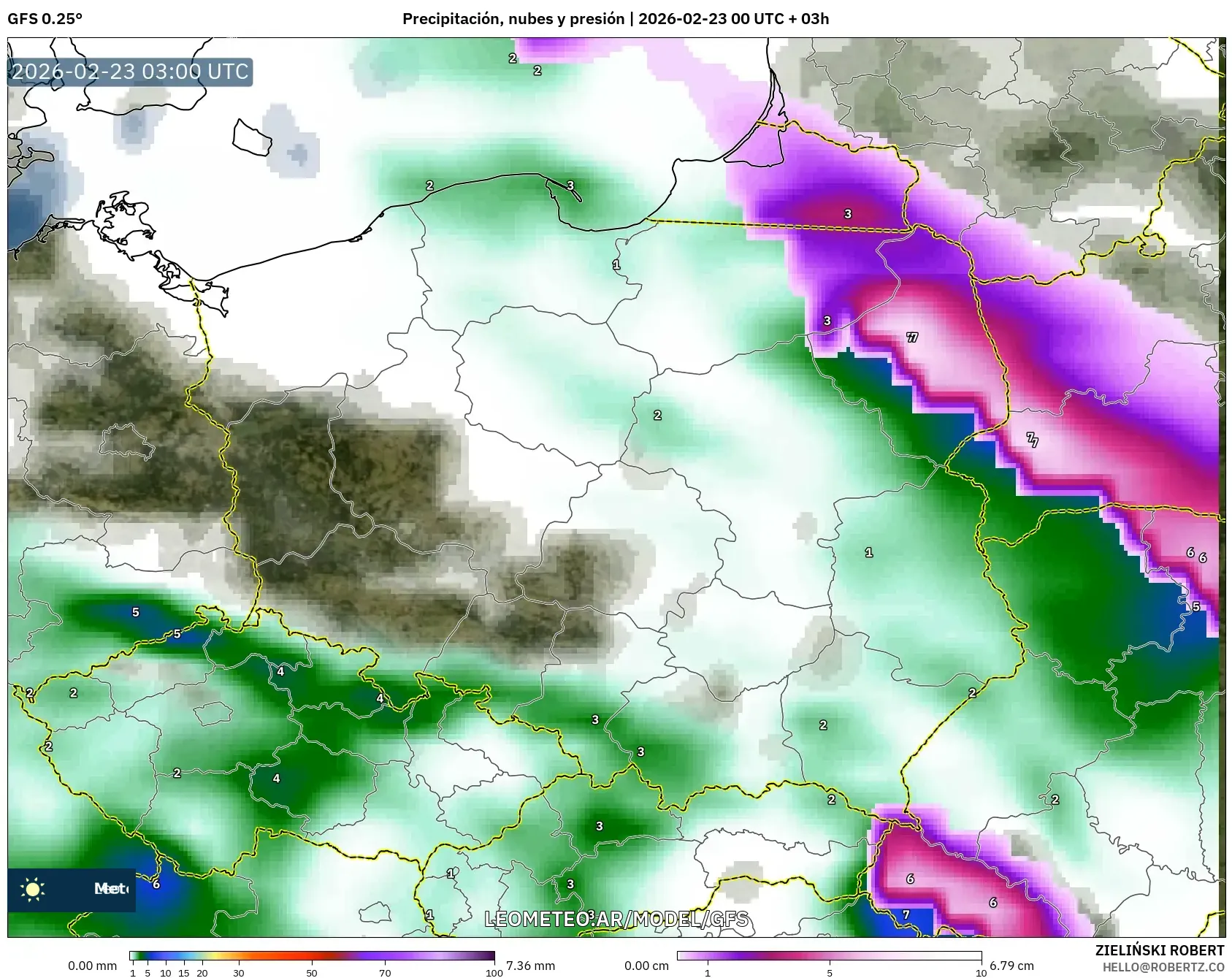 GFS model - Polska, Opady, chmury i ciśnienie