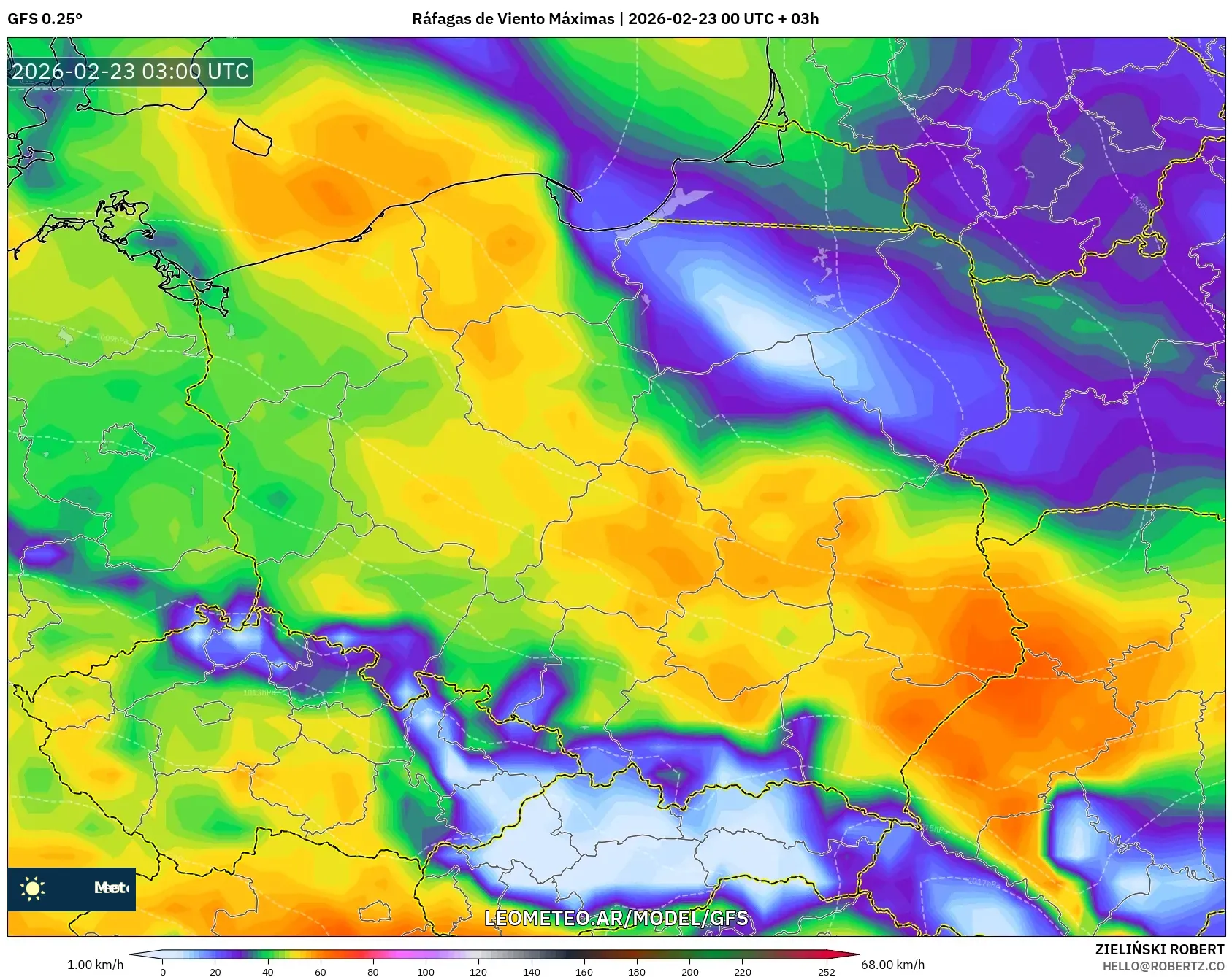 GFS model - Polska, Maksymalne Porywy Wiatru