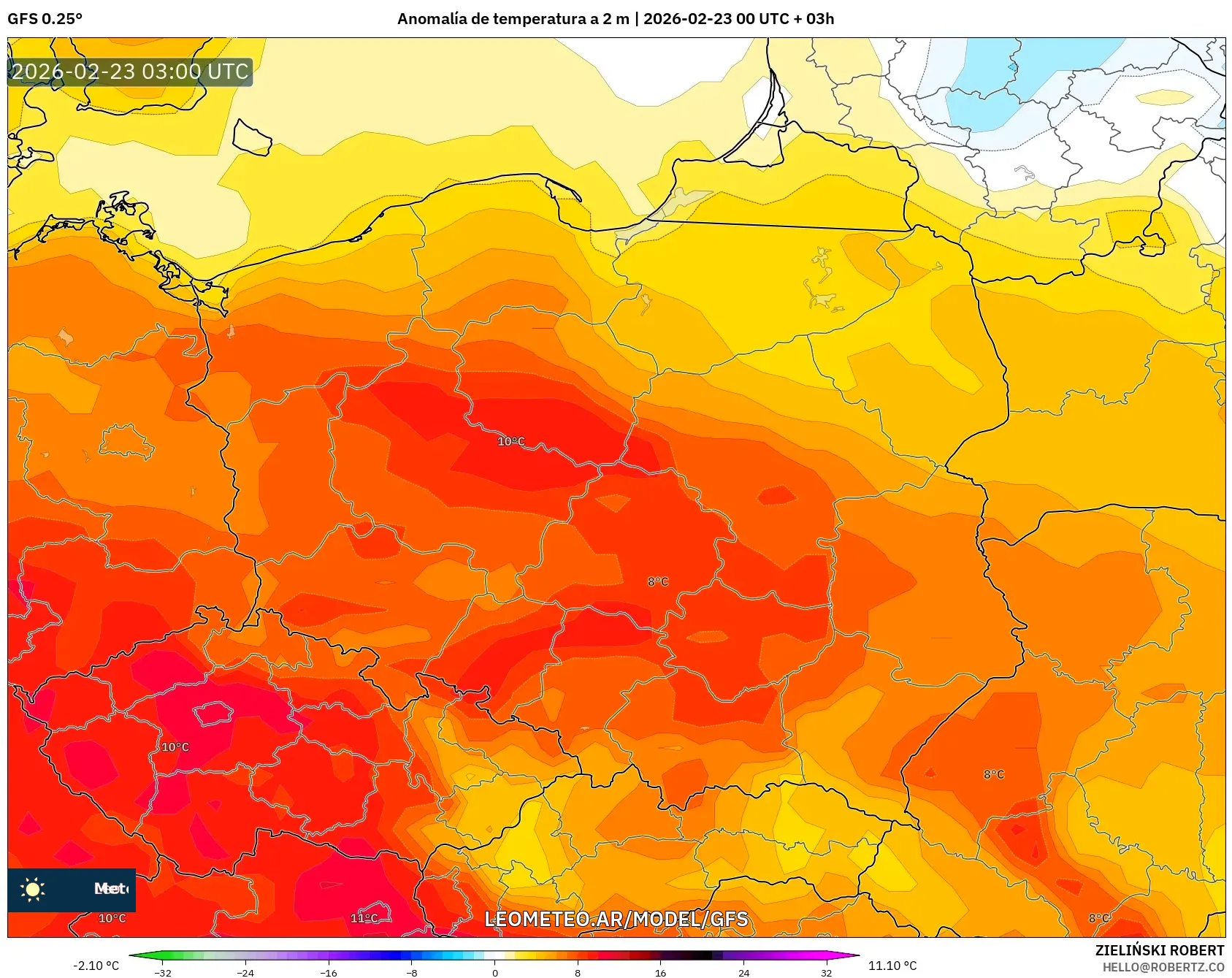 GFS model - Polska, Anomalia temperatury na 2 m