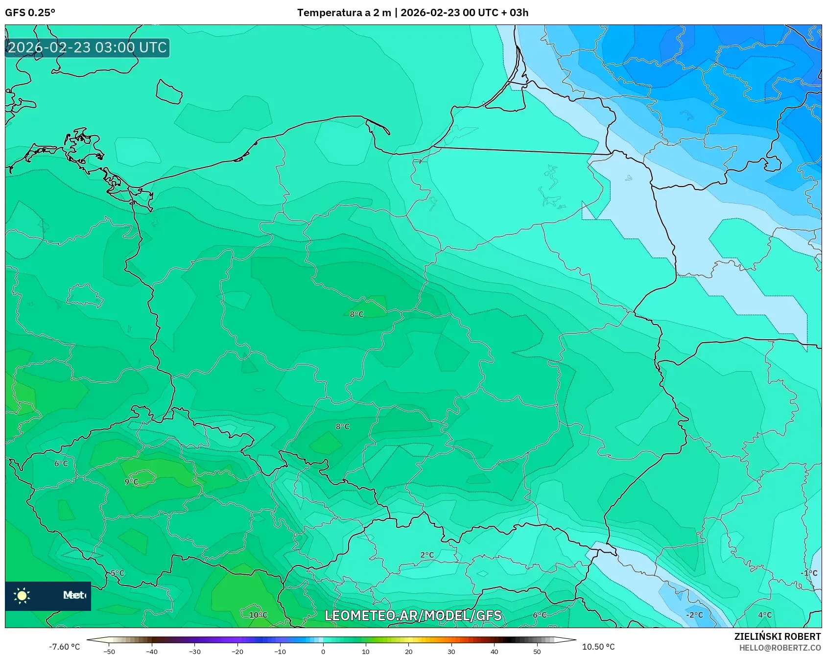GFS model - Polska, Temperatura na 2 m