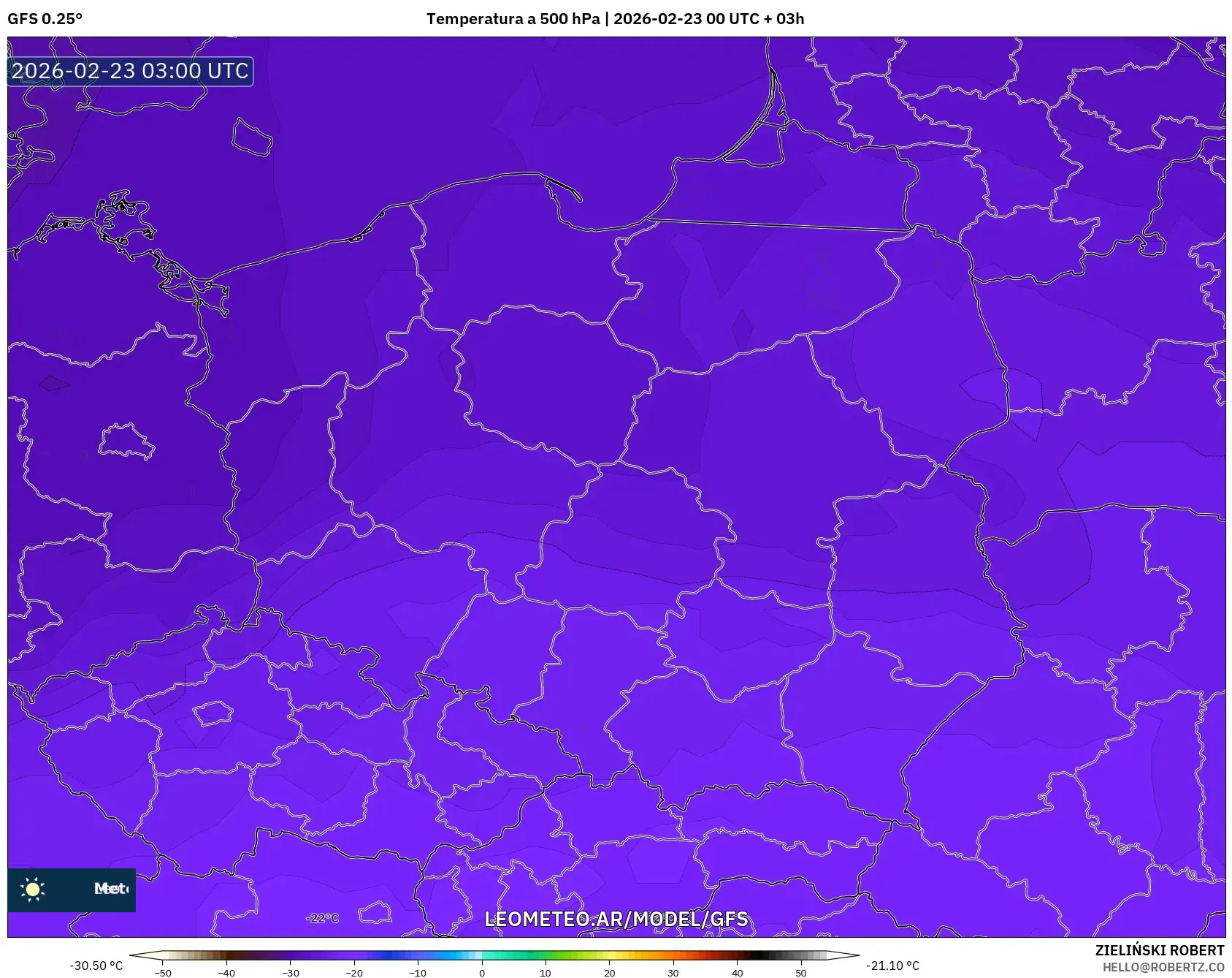 GFS model - Polska, Temperatura na 500 hPa
