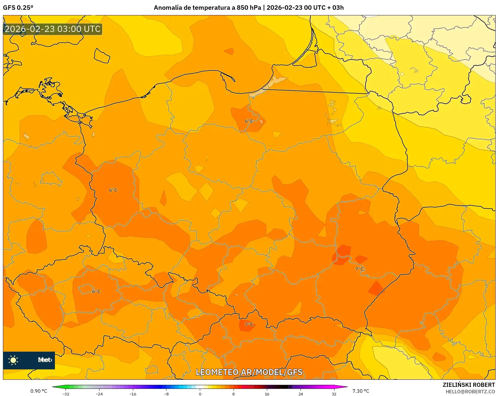GFS model - Polska, Anomalia temperatury na 850 hPa