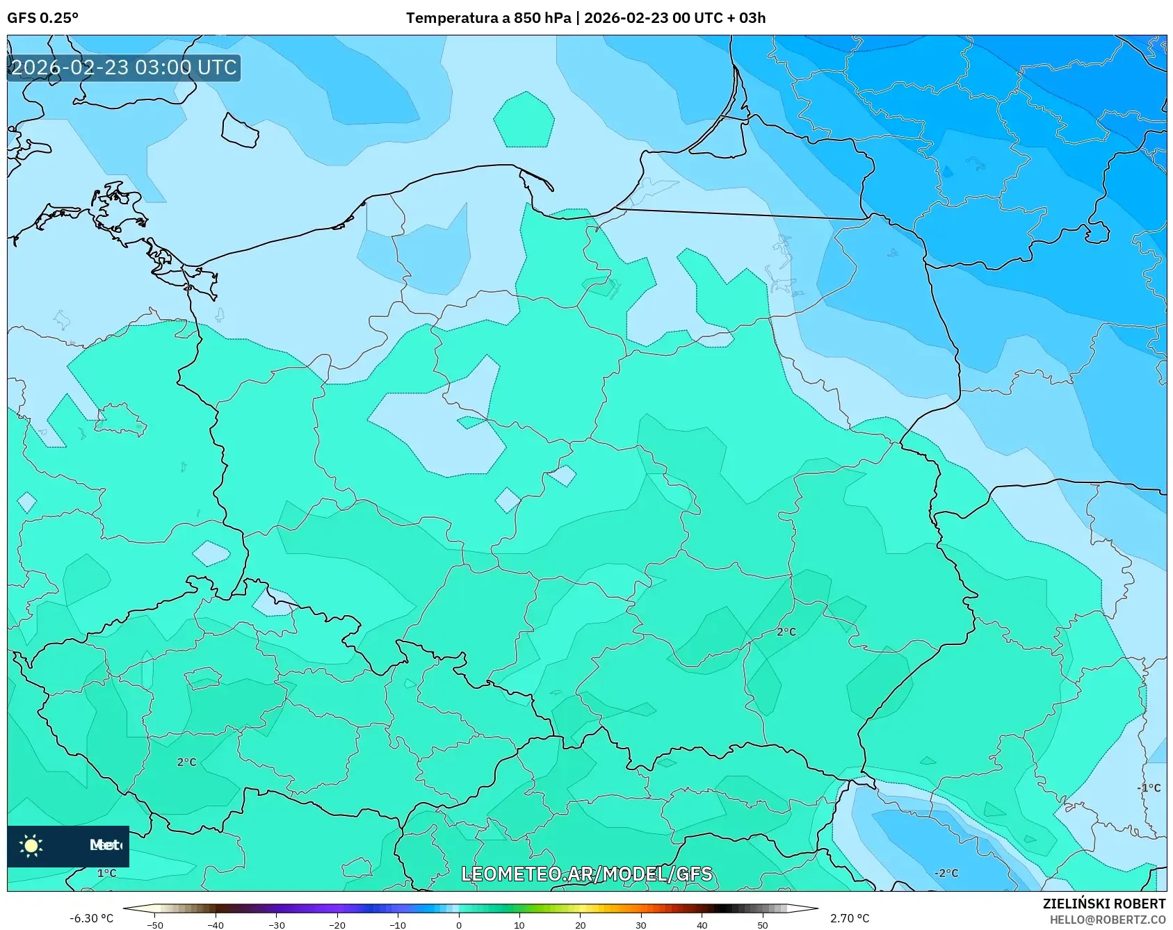 GFS model - Polska, Temperatura na 850 hPa