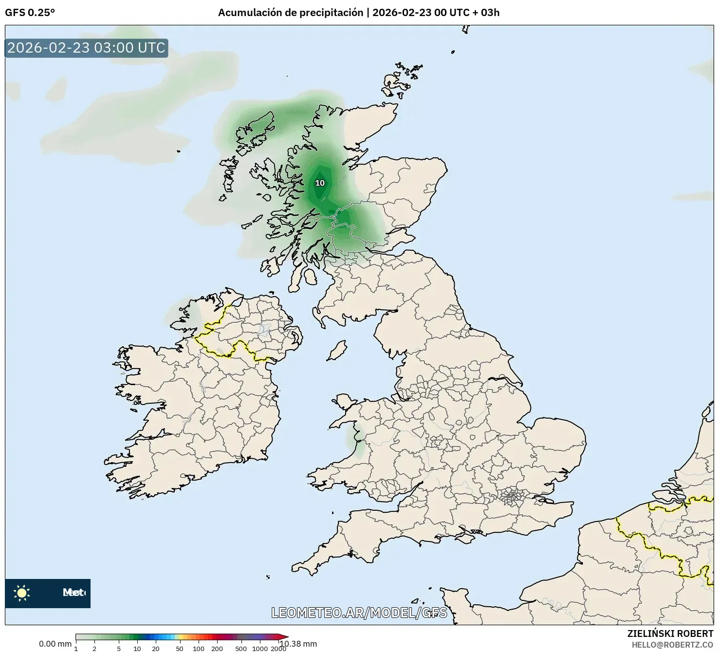 GFS model - Wielka Brytania, Suma opadów