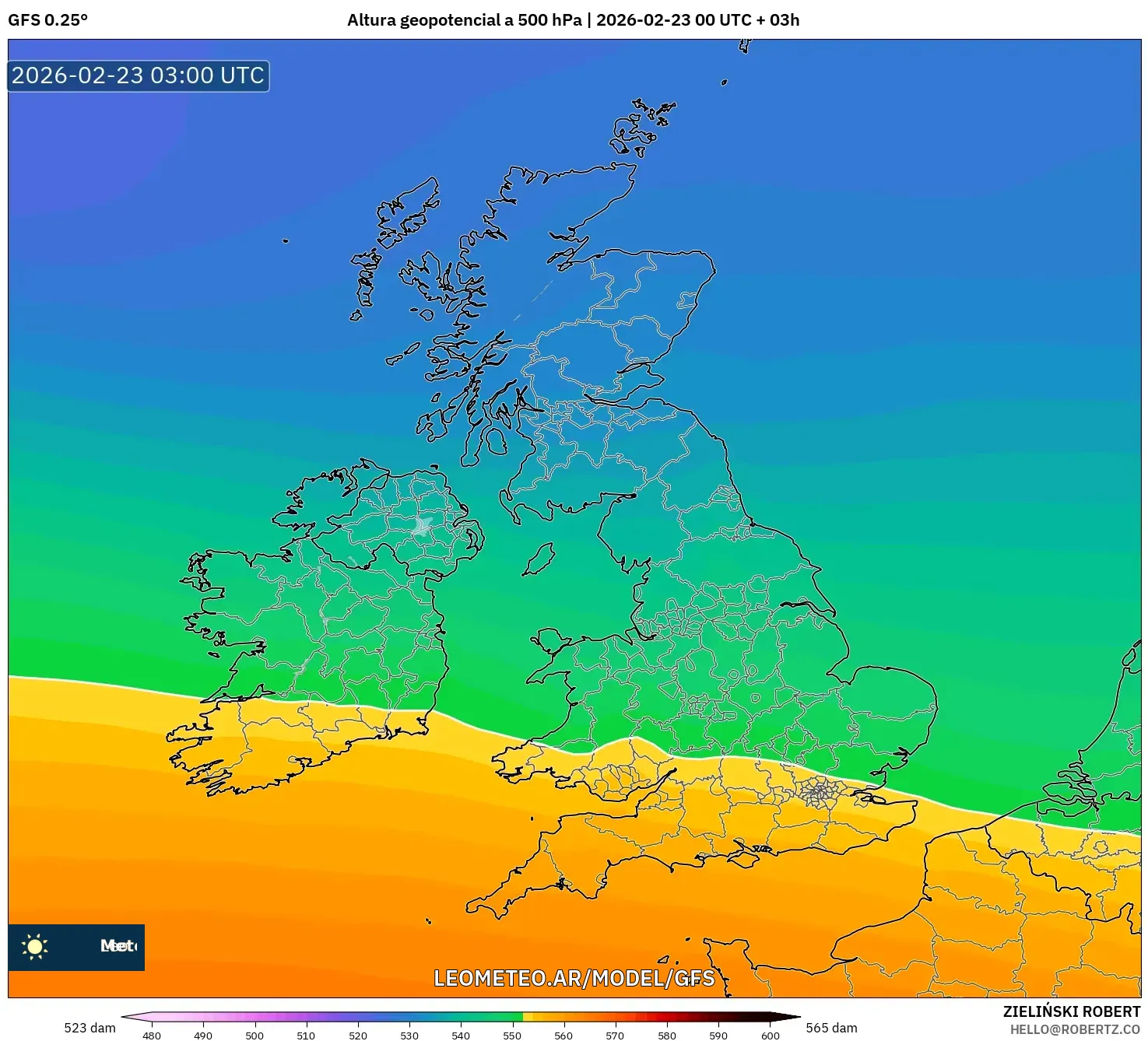GFS model - Wielka Brytania, Wysokość geopotencjalna na poziomie 500 hPa