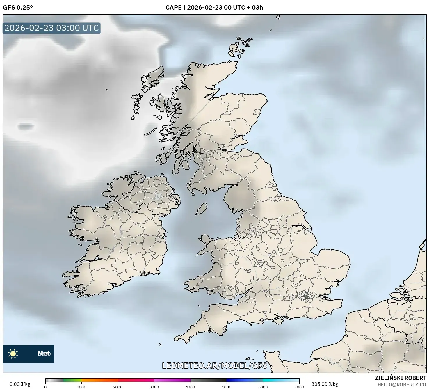 GFS model - Wielka Brytania, CAPE