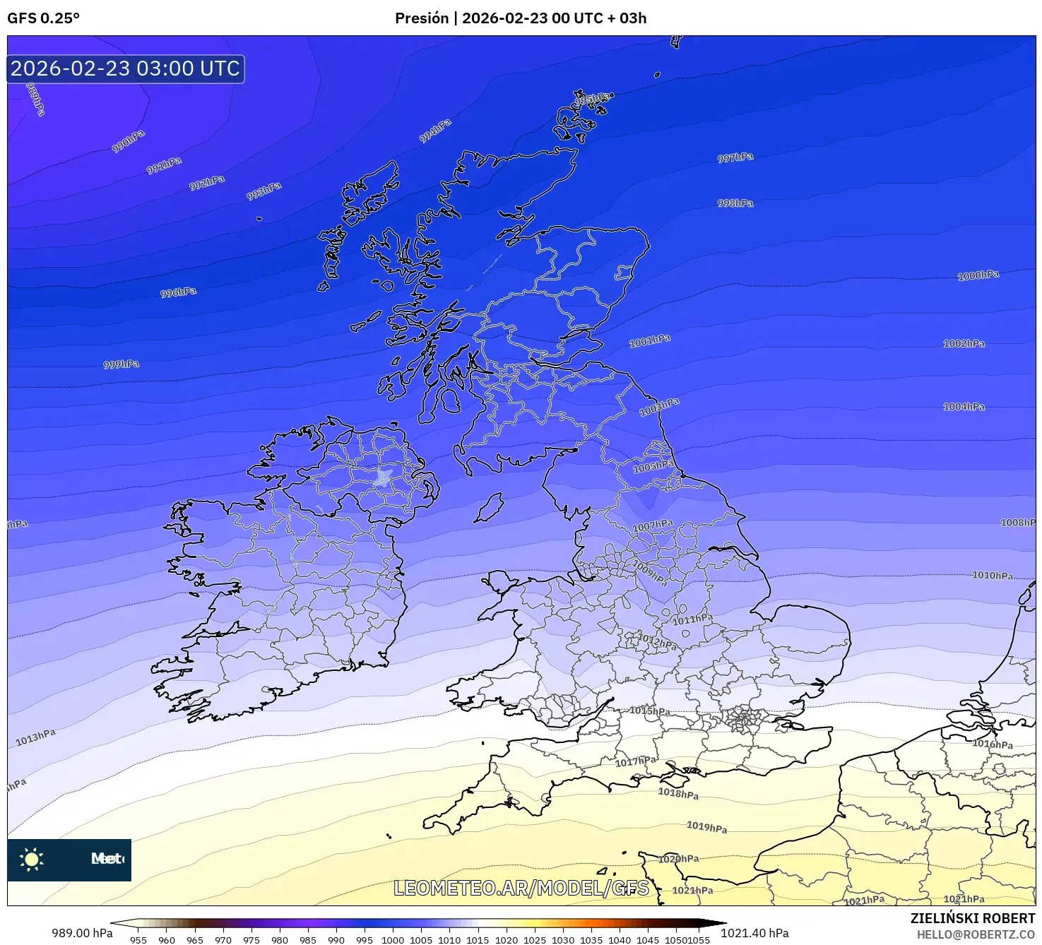 GFS model - Wielka Brytania, Ciśnienie