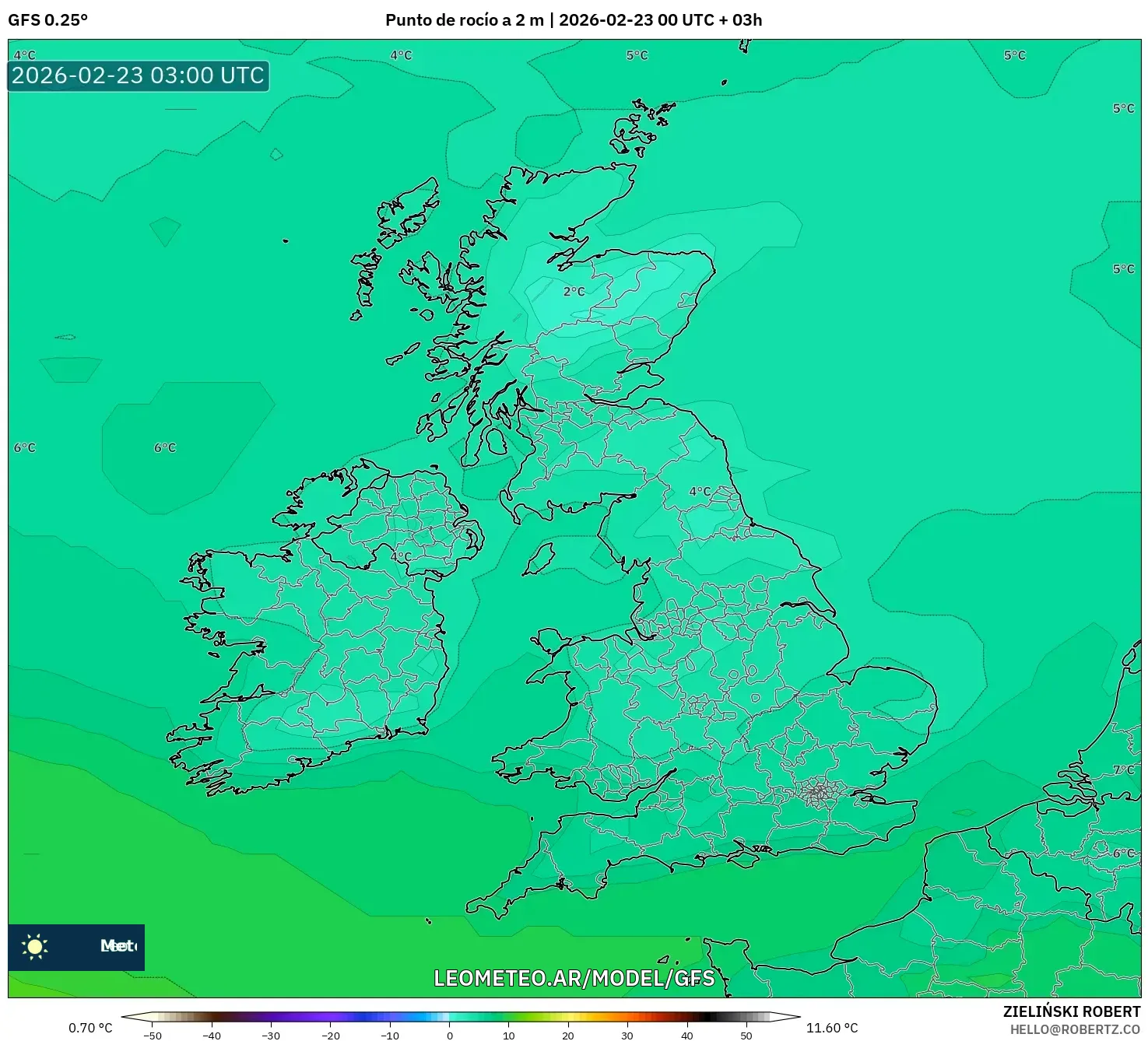 GFS model - Wielka Brytania, Punkt rosy na 2 m