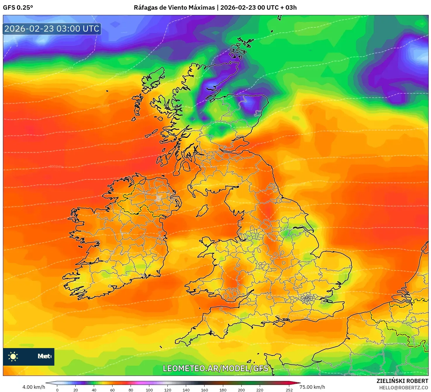 GFS model - Wielka Brytania, Maksymalne Porywy Wiatru