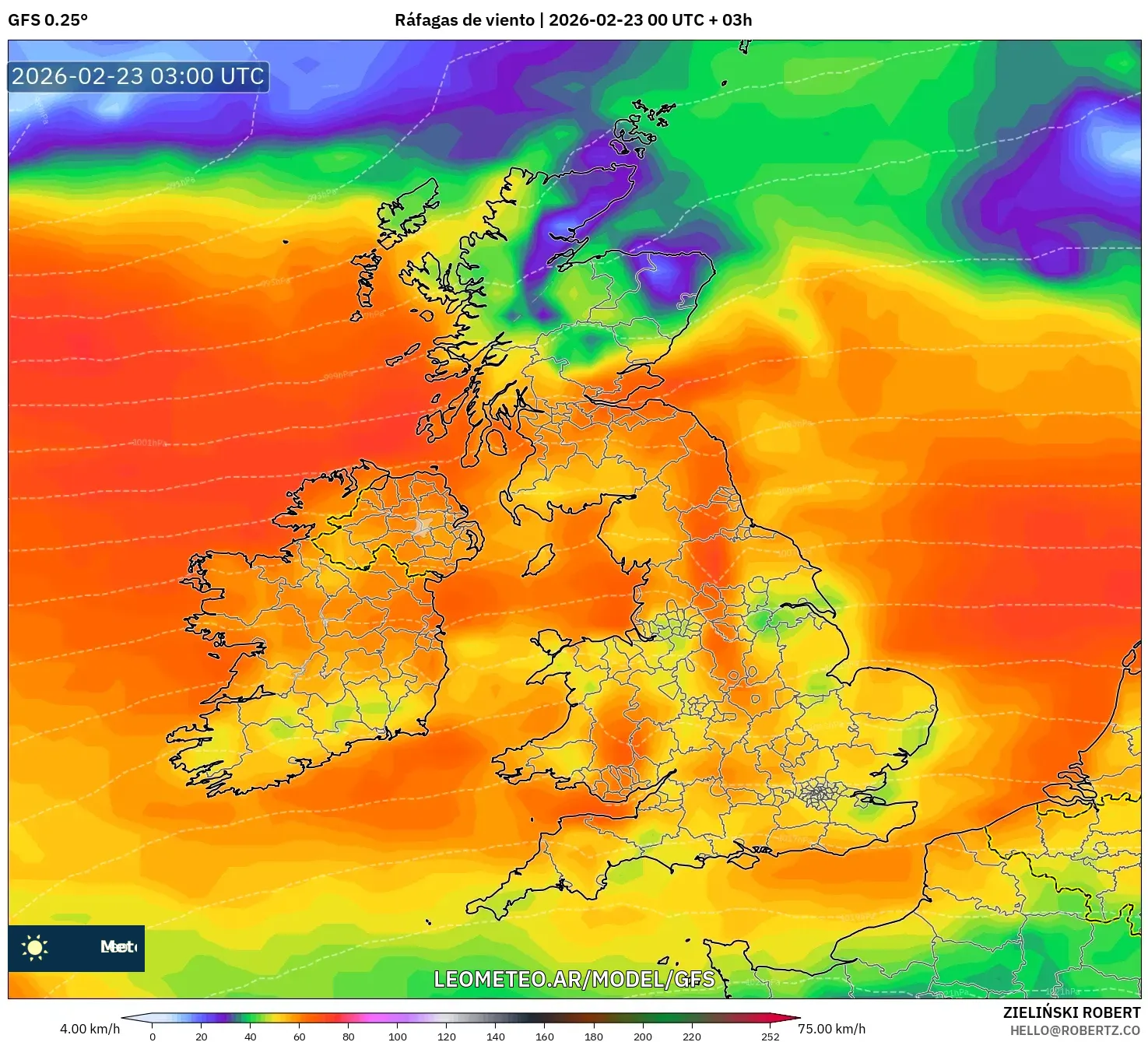 GFS model - Wielka Brytania, Porywy wiatru