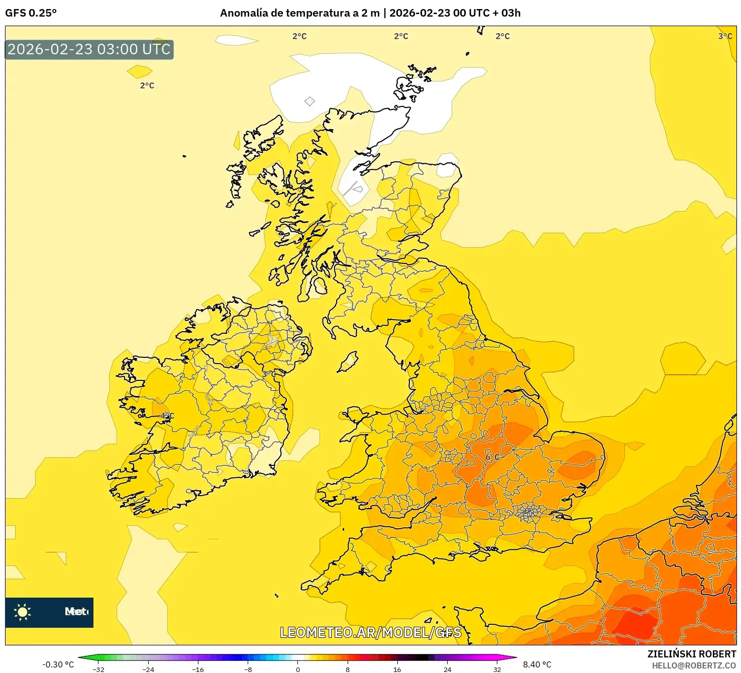 GFS model - Wielka Brytania, Anomalia temperatury na 2 m