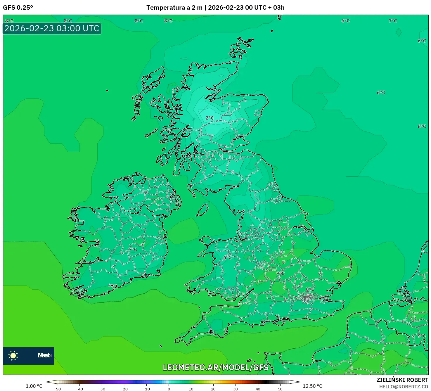 GFS model - Wielka Brytania, Temperatura na 2 m