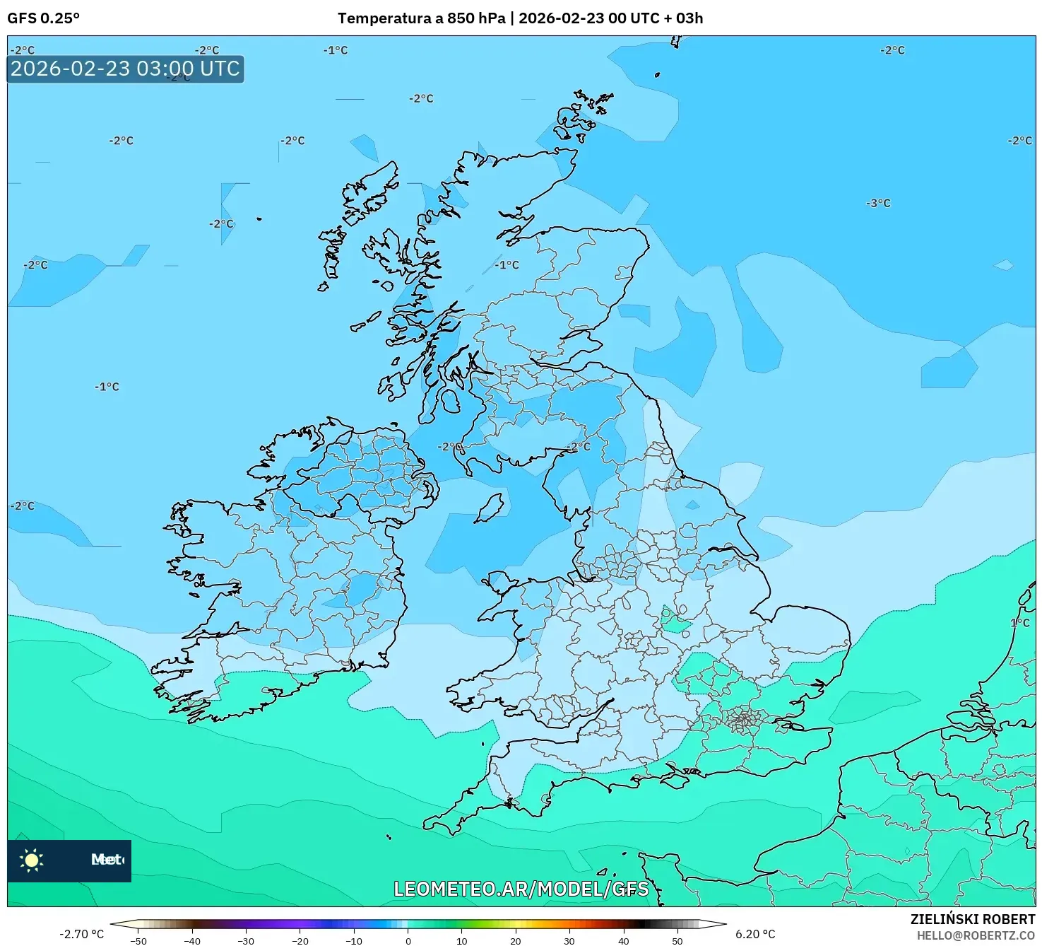 GFS model - Wielka Brytania, Temperatura na 850 hPa