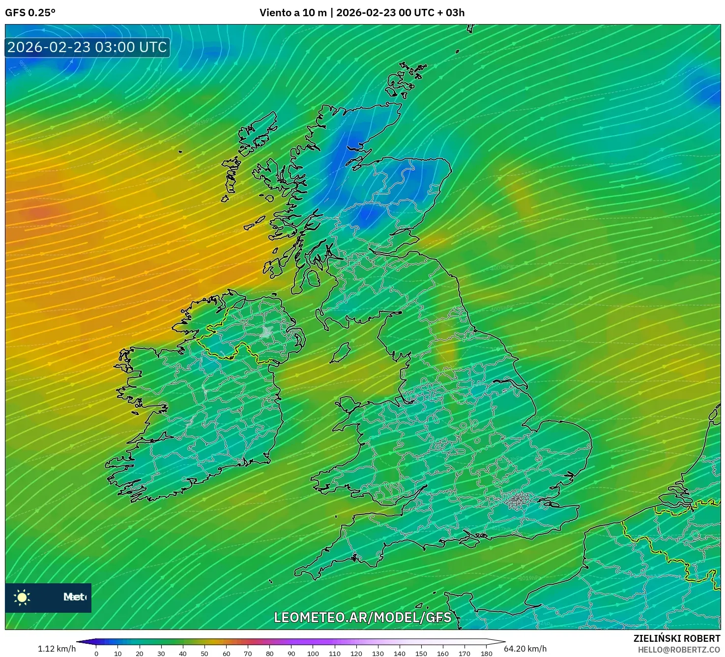 GFS model - Wielka Brytania, Wiatr na 10 m