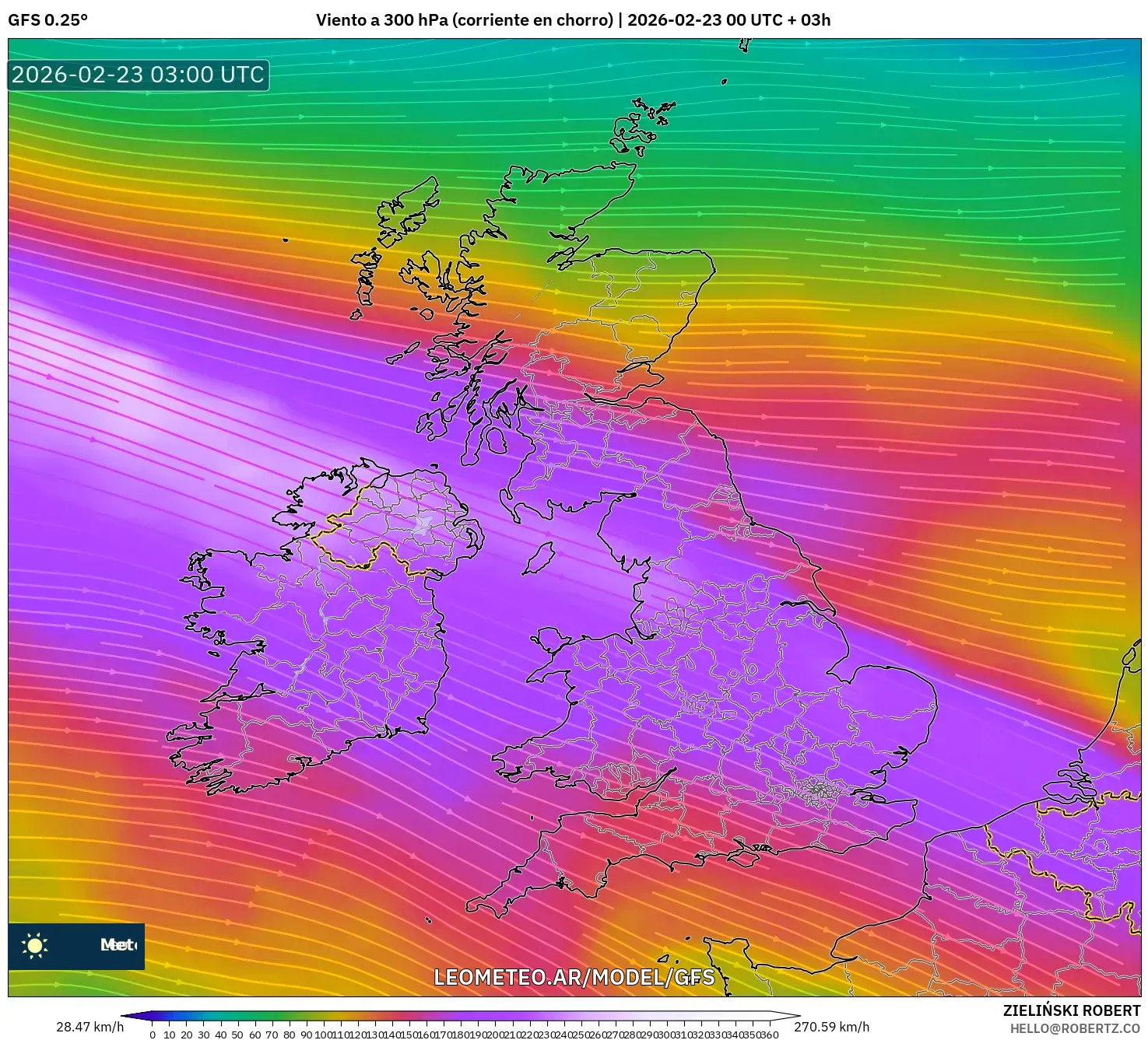 GFS model - Wielka Brytania, Wiatr na 300 hPa (prąd strumieniowy)