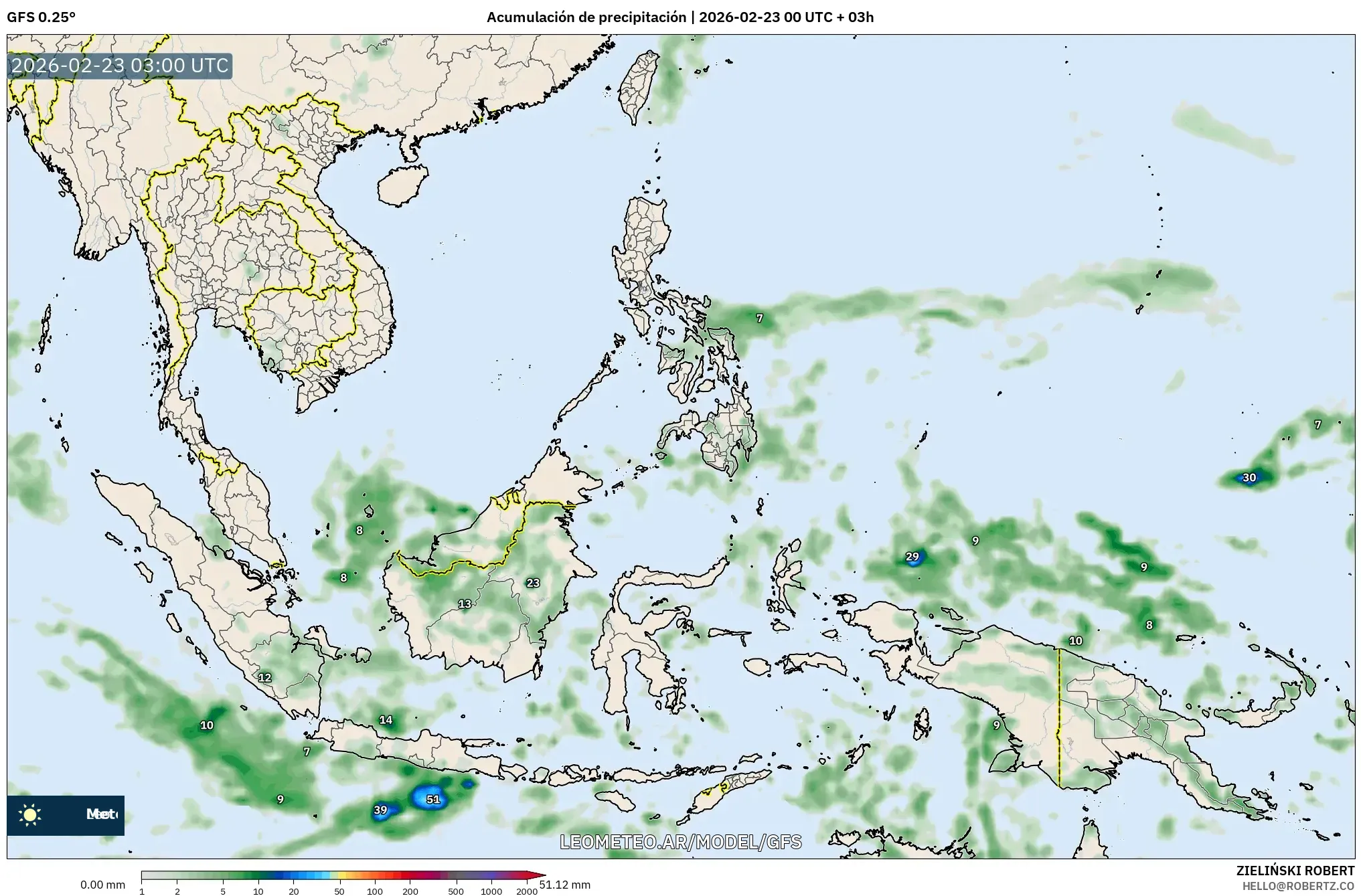 GFS model - Azja Południowo-Wschodnia, Suma opadów