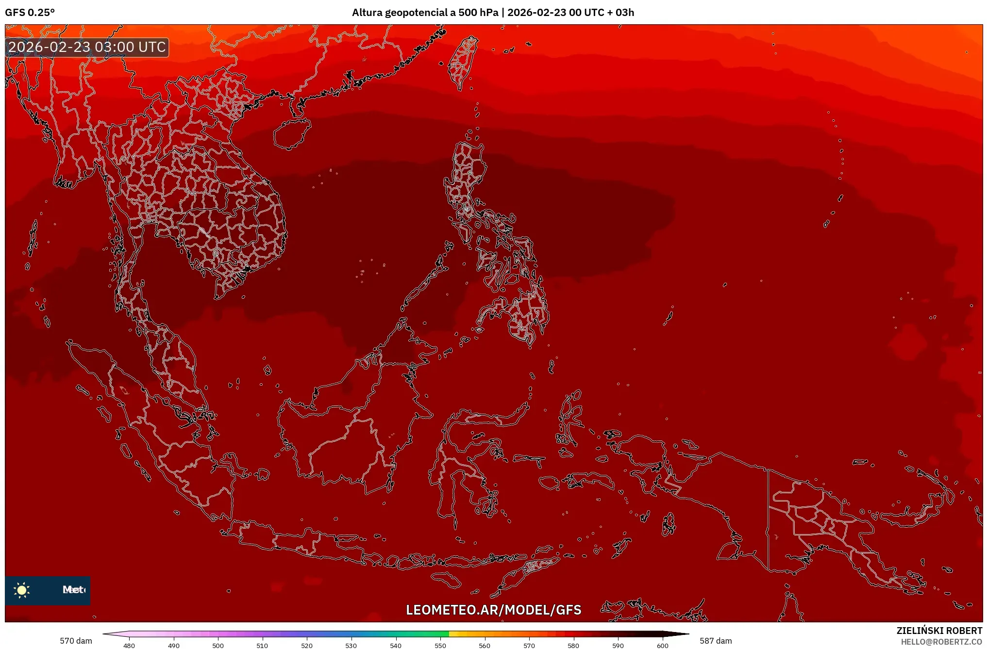 GFS model - Azja Południowo-Wschodnia, Wysokość geopotencjalna na poziomie 500 hPa
