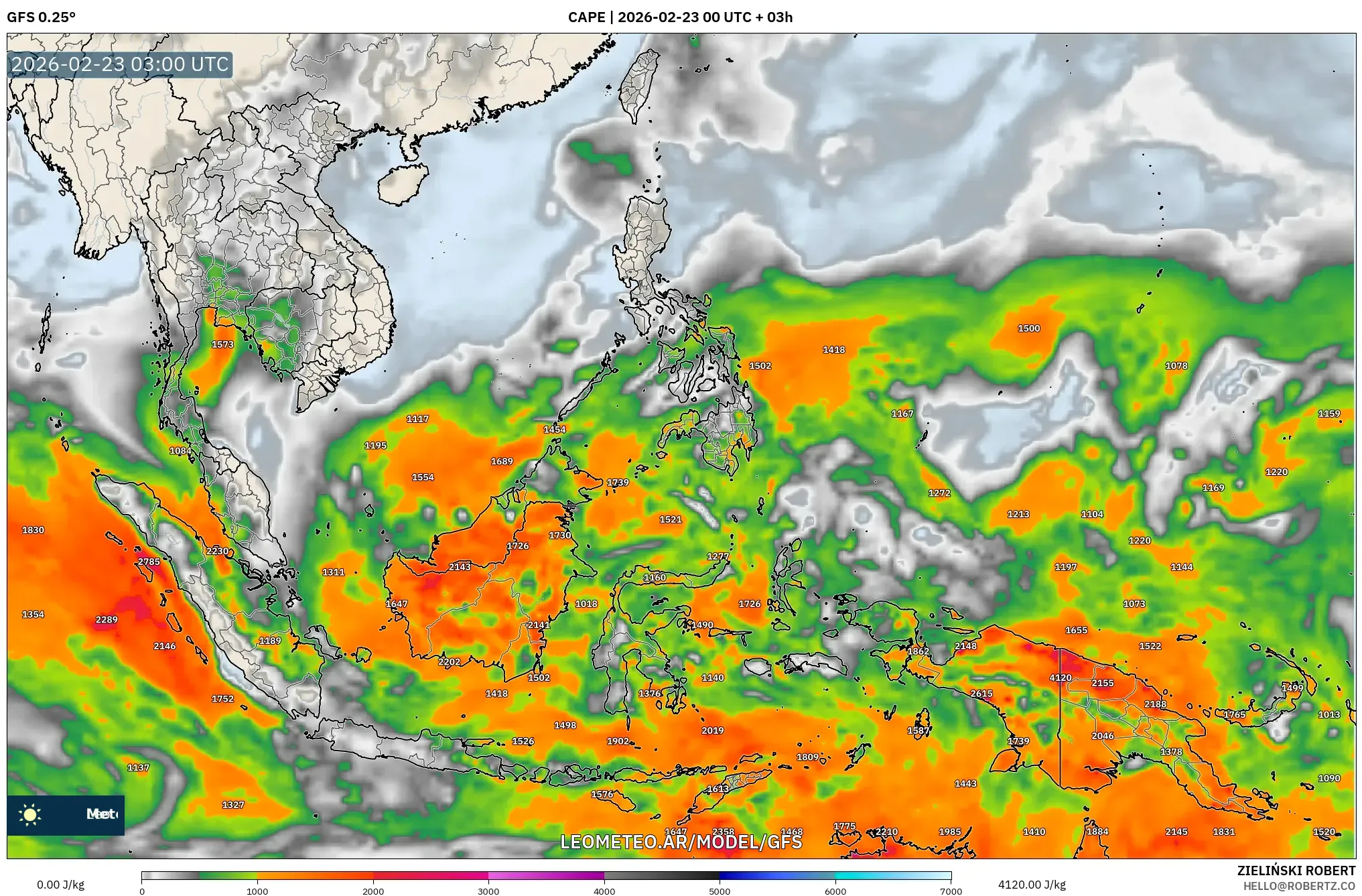 GFS model - Azja Południowo-Wschodnia, CAPE