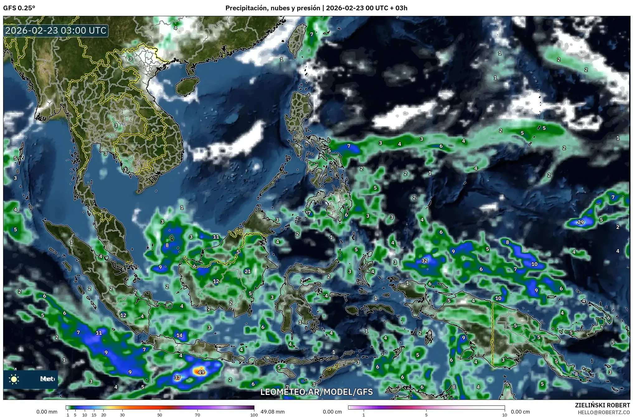GFS model - Azja Południowo-Wschodnia, Opady, chmury i ciśnienie