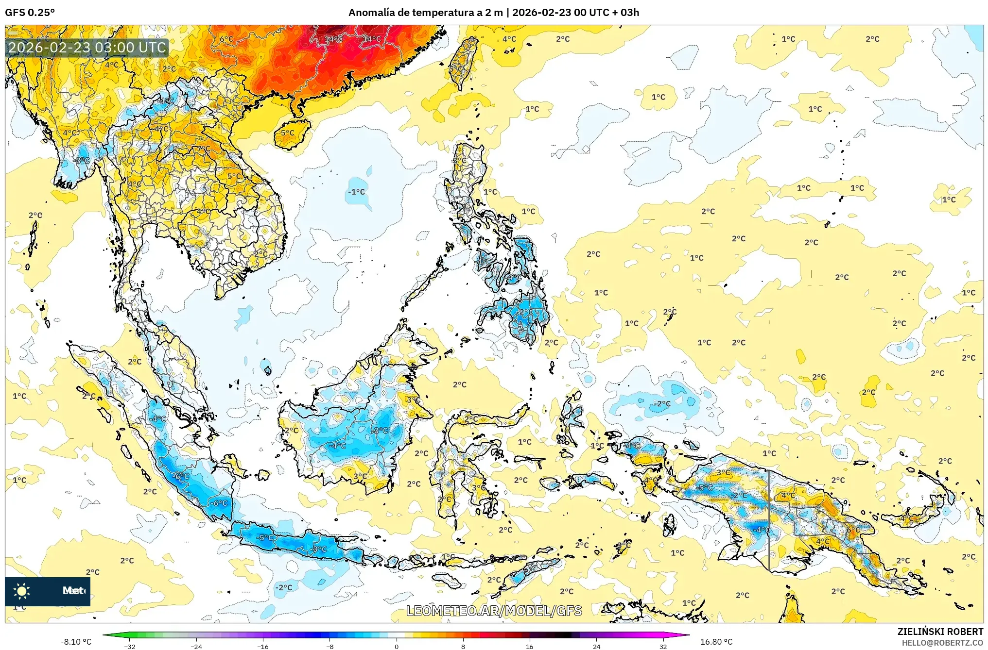 GFS model - Azja Południowo-Wschodnia, Anomalia temperatury na 2 m