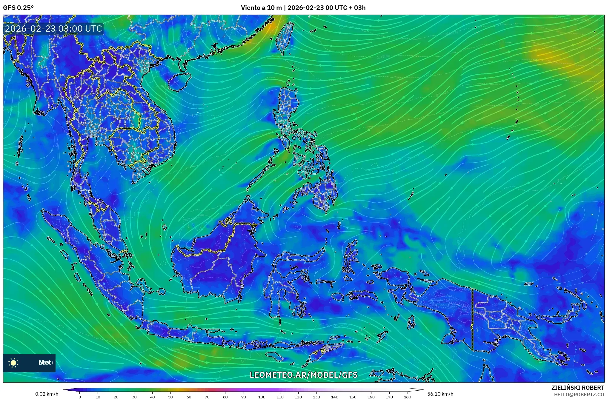 GFS model - Azja Południowo-Wschodnia, Wiatr na 10 m