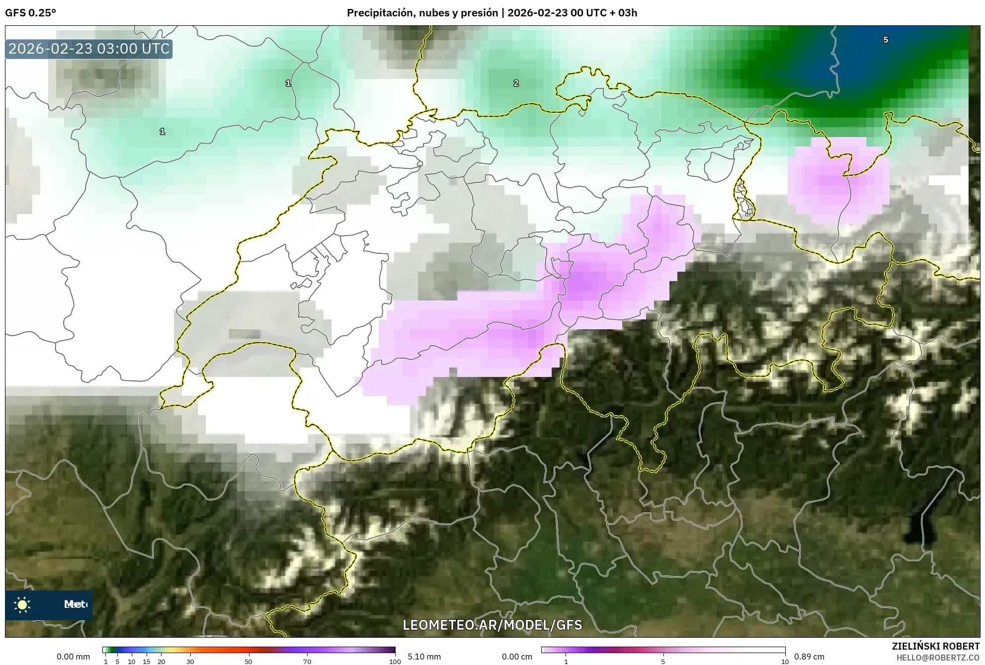 GFS model - Szwajcaria, Opady, chmury i ciśnienie