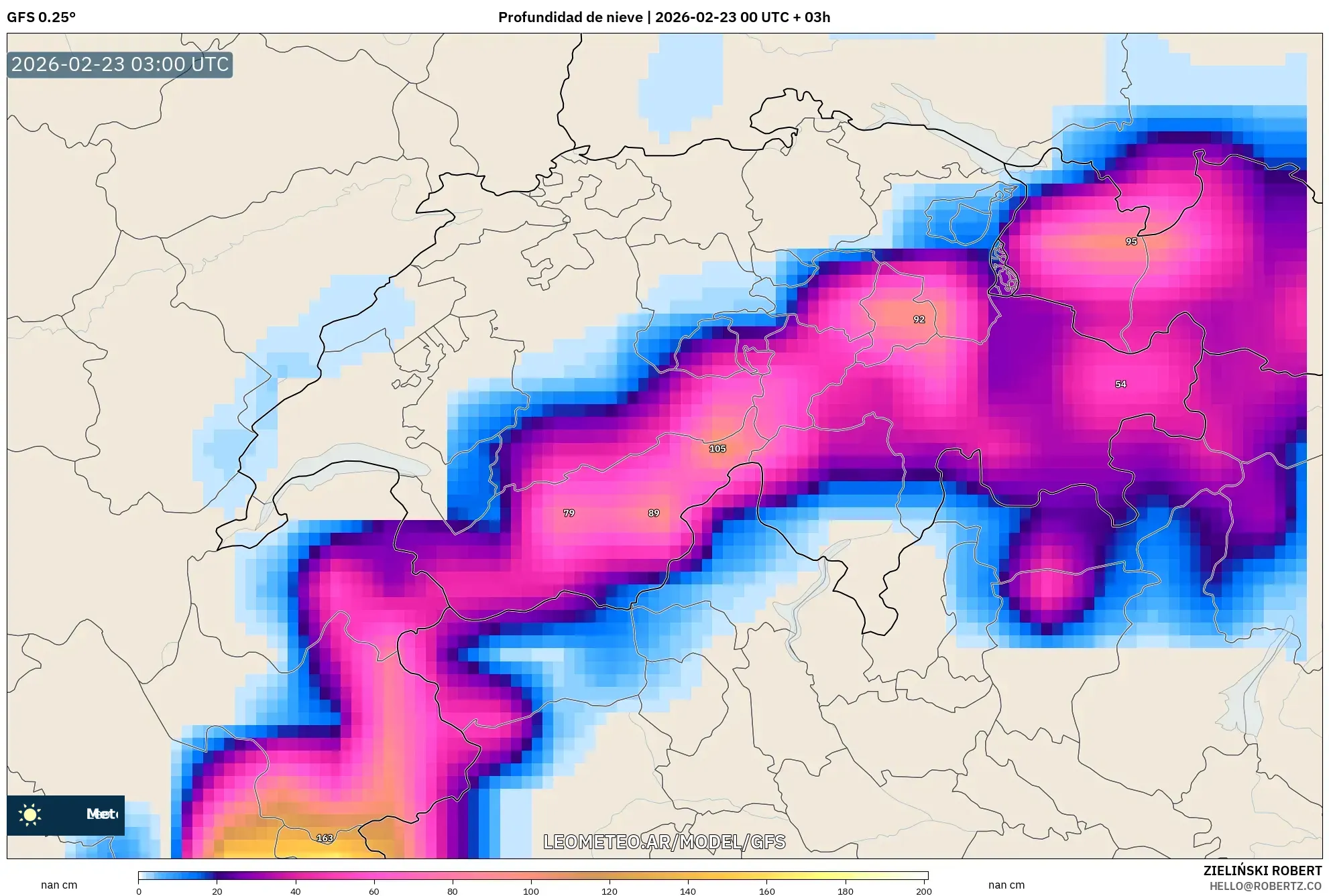 GFS model - Szwajcaria, Pokrywa śnieżna