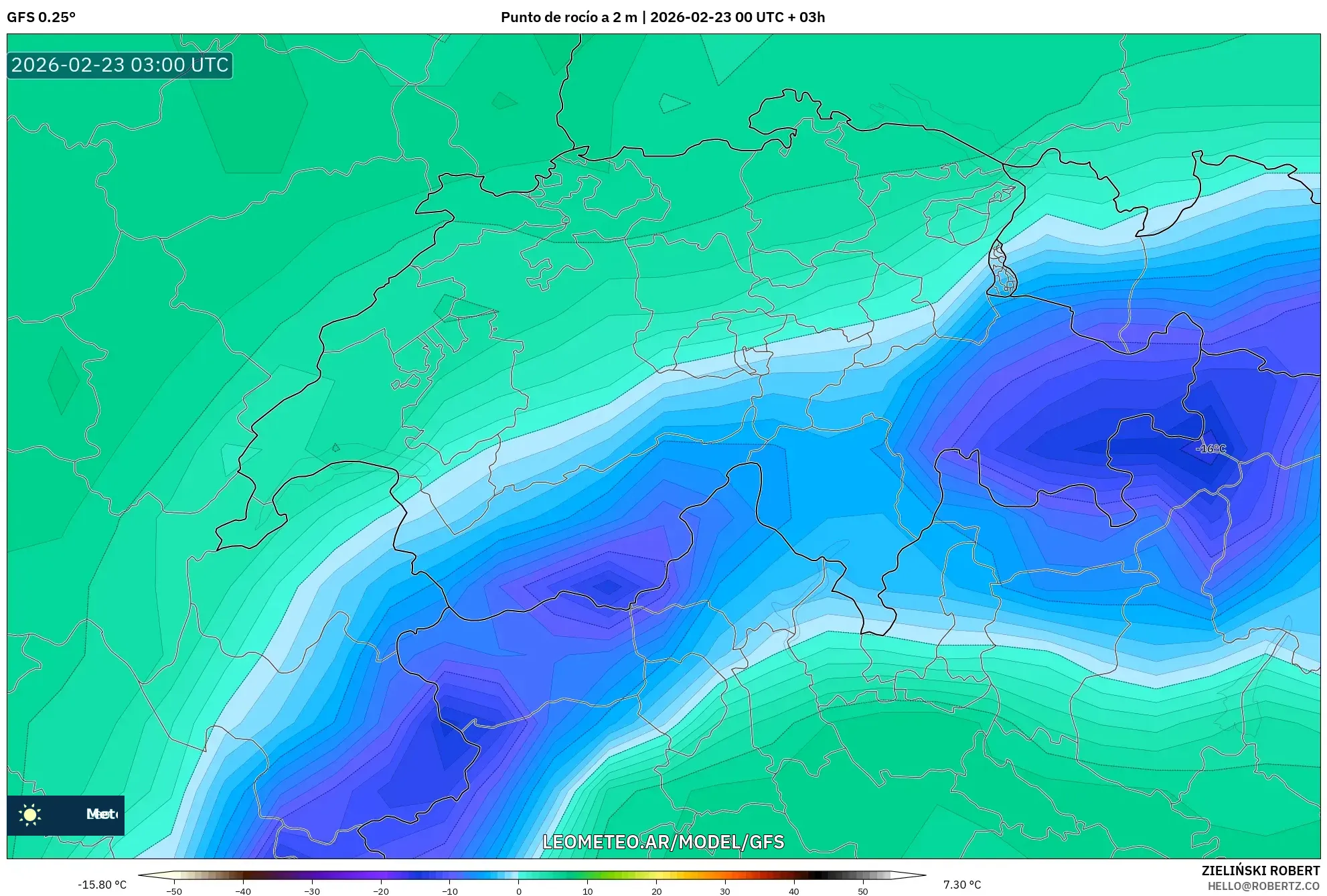 GFS model - Szwajcaria, Punkt rosy na 2 m