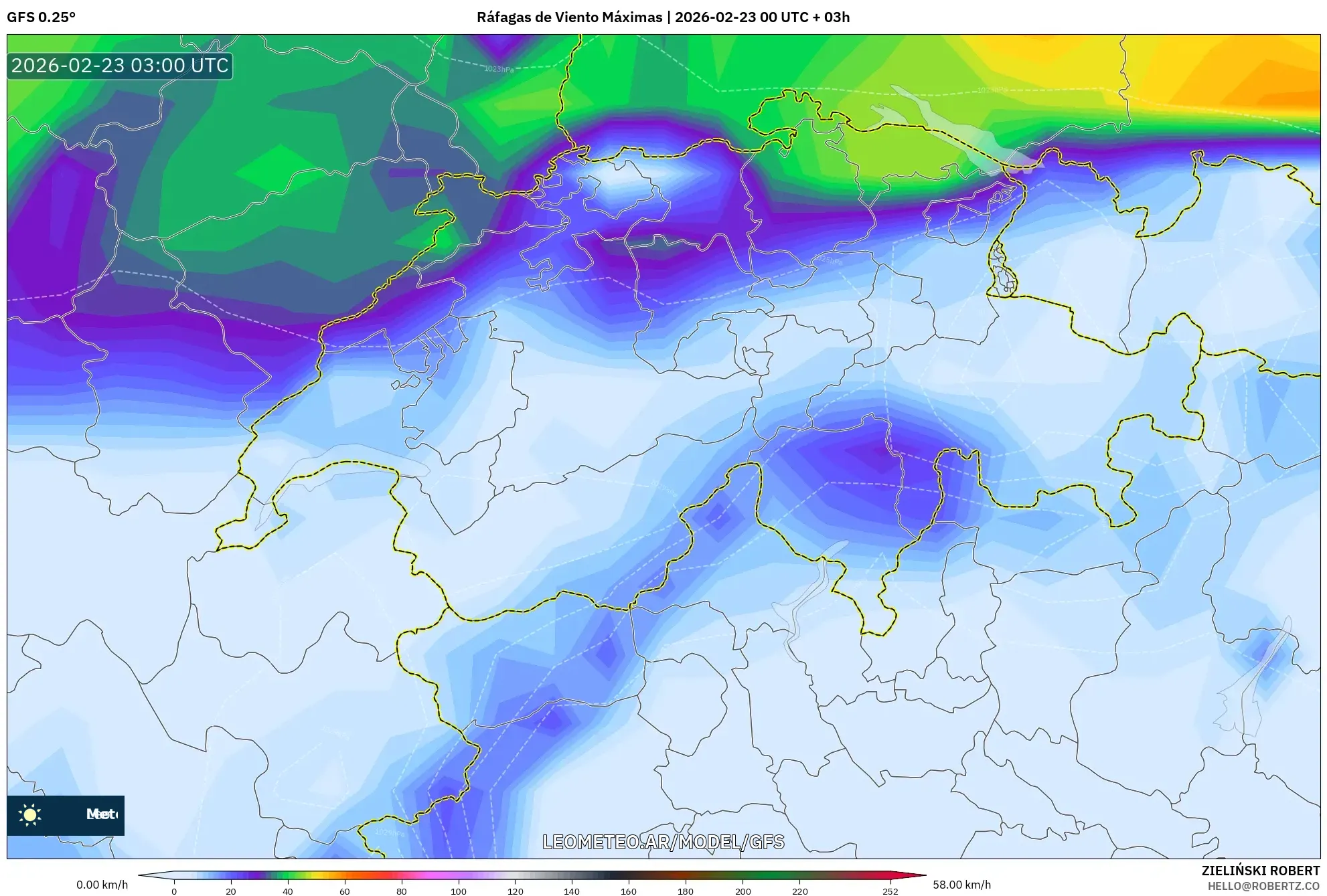 GFS model - Szwajcaria, Maksymalne Porywy Wiatru