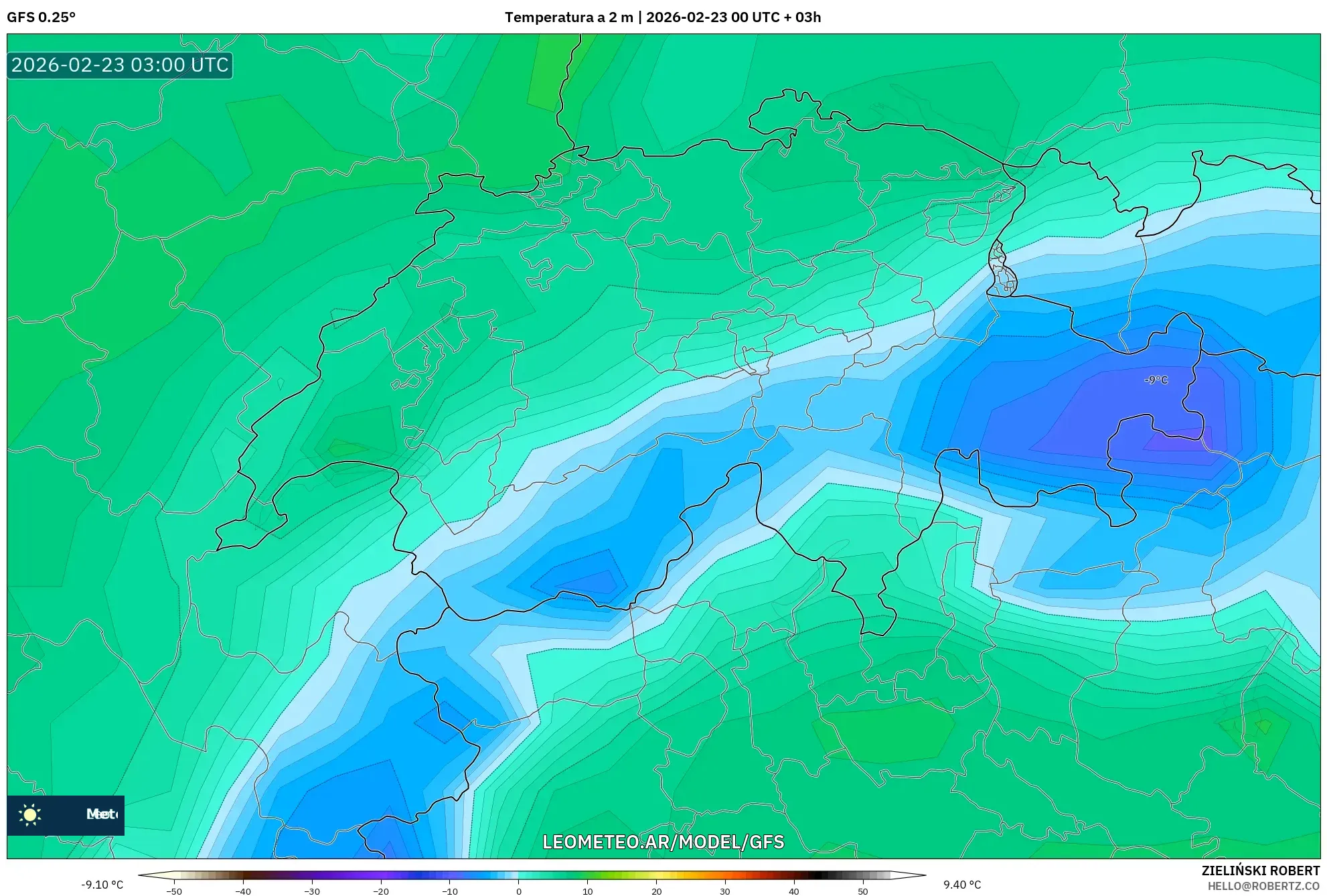GFS model - Szwajcaria, Temperatura na 2 m