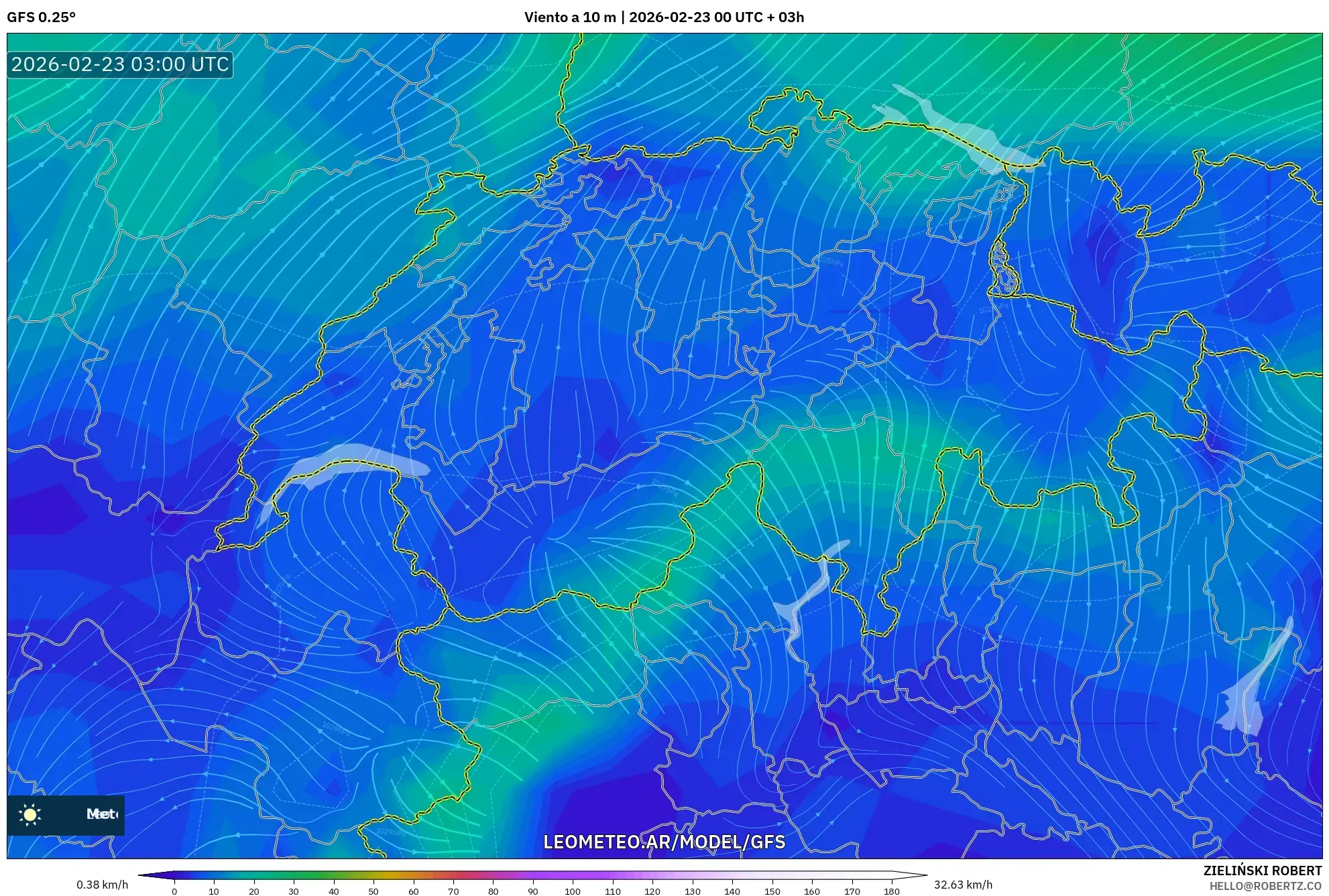 GFS model - Szwajcaria, Wiatr na 10 m