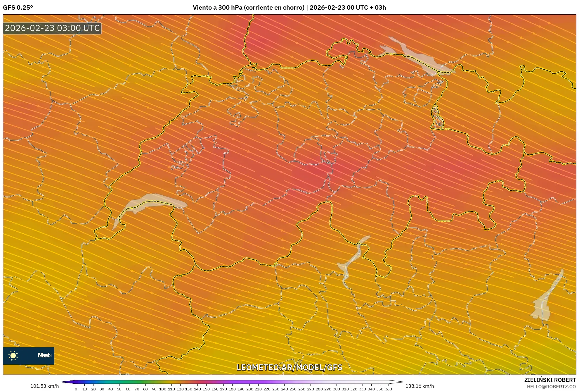 GFS model - Szwajcaria, Wiatr na 300 hPa (prąd strumieniowy)