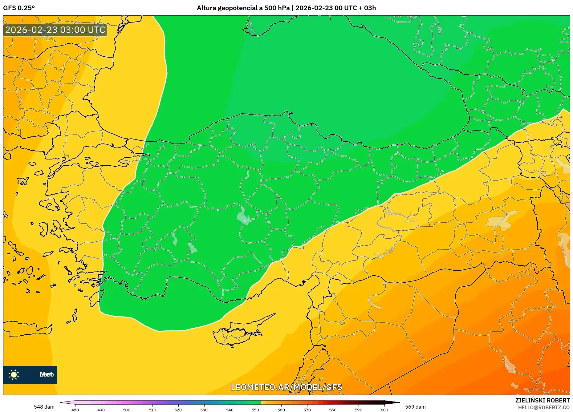 GFS model - Turcja, Wysokość geopotencjalna na poziomie 500 hPa