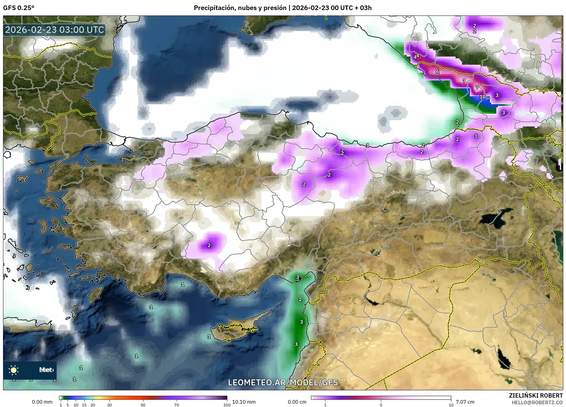 GFS model - Turcja, Opady, chmury i ciśnienie