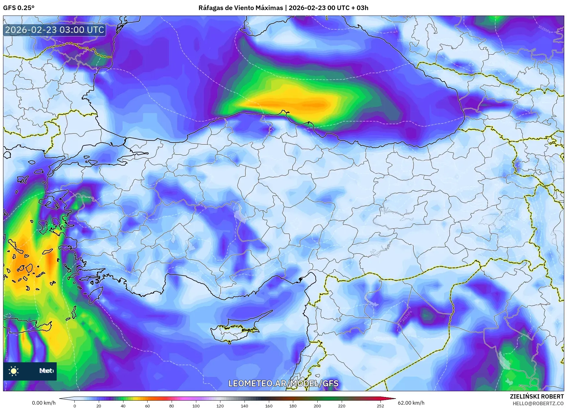 GFS model - Turcja, Maksymalne Porywy Wiatru