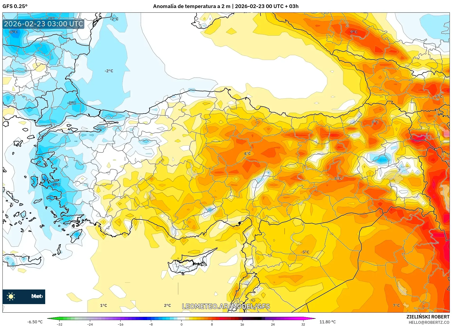 GFS model - Turcja, Anomalia temperatury na 2 m