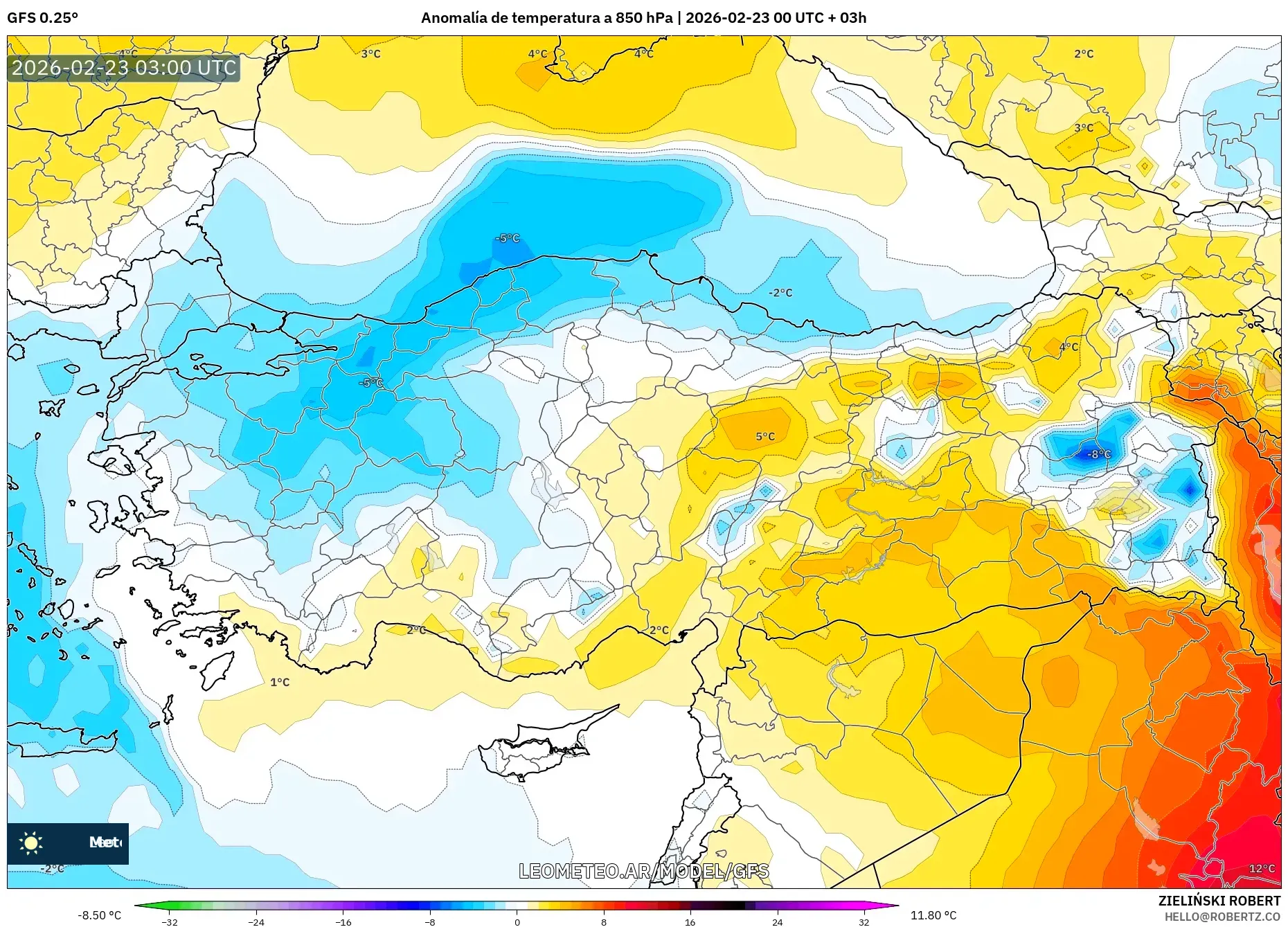 GFS model - Turcja, Anomalia temperatury na 850 hPa