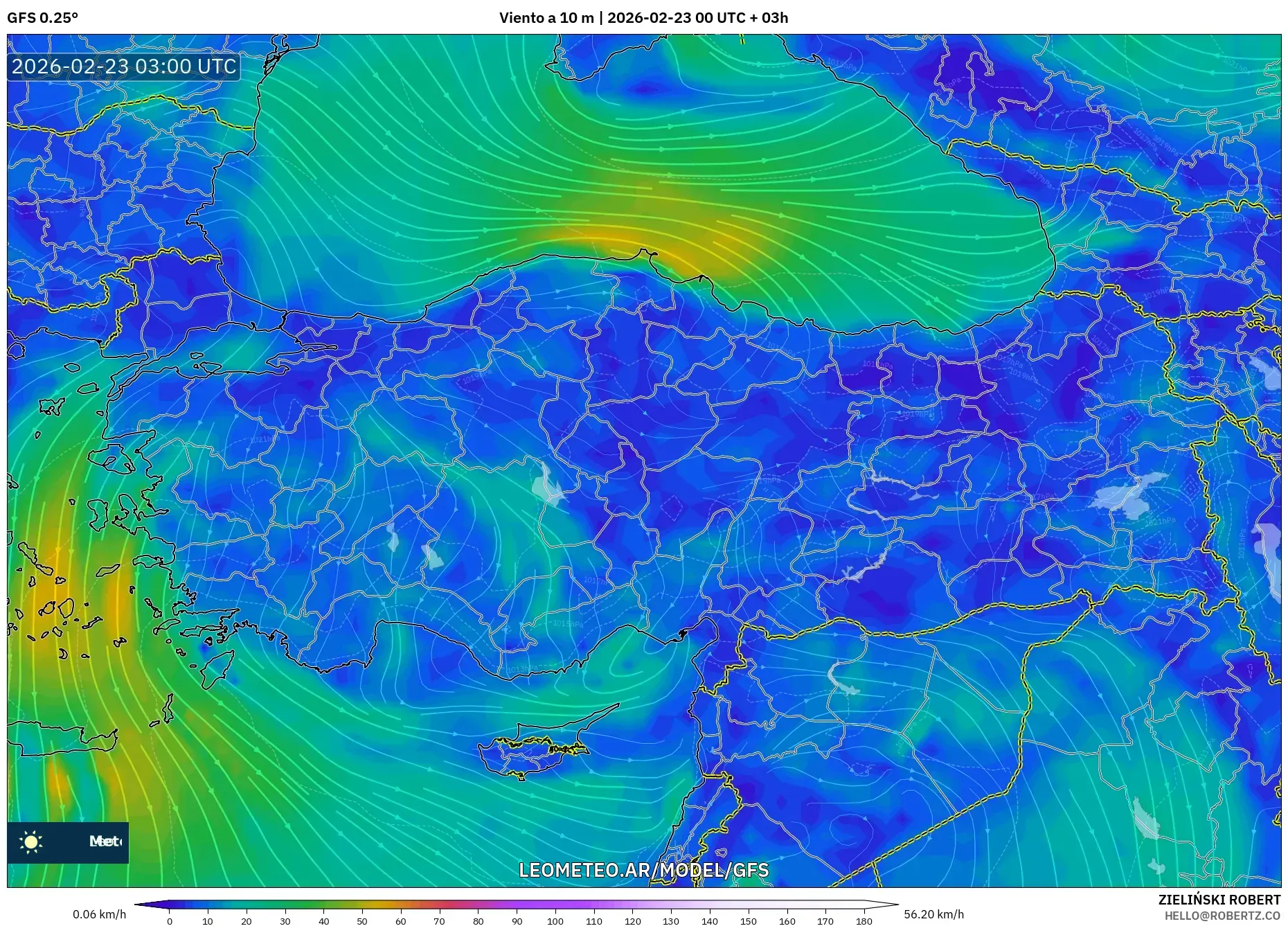 GFS model - Turcja, Wiatr na 10 m