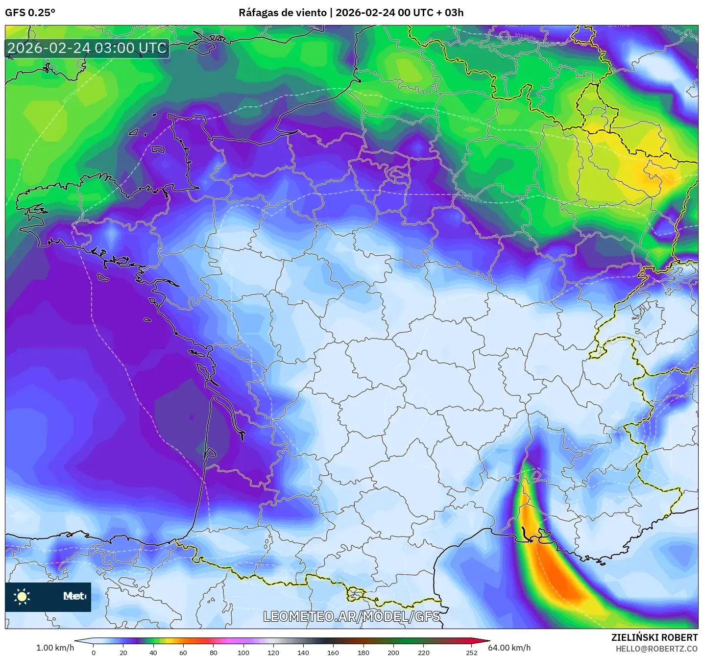 GFS model - Francia, Ráfagas de viento