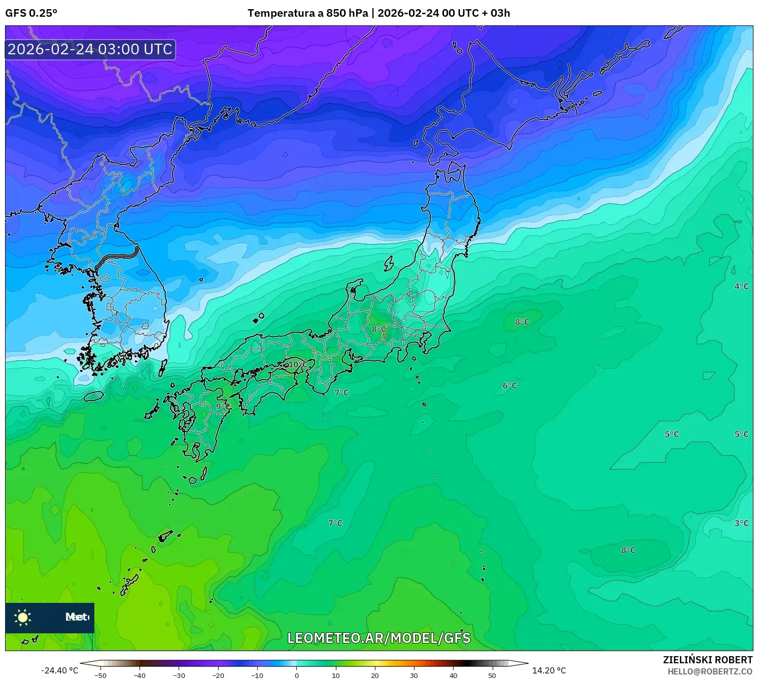 GFS model - Japón, Temperatura a 850 hPa