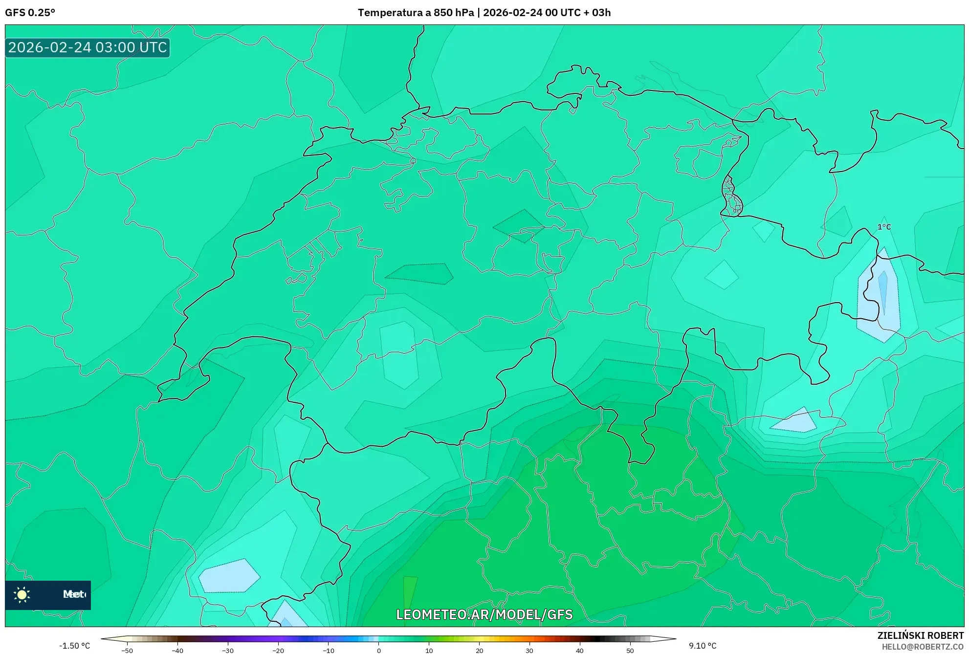 GFS model - Suiza, Temperatura a 850 hPa