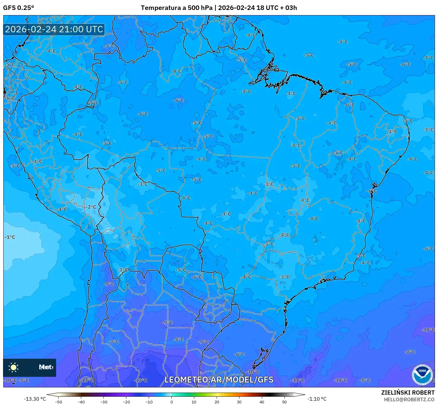 GFS model - Brasil, Temperatura a 500 hPa