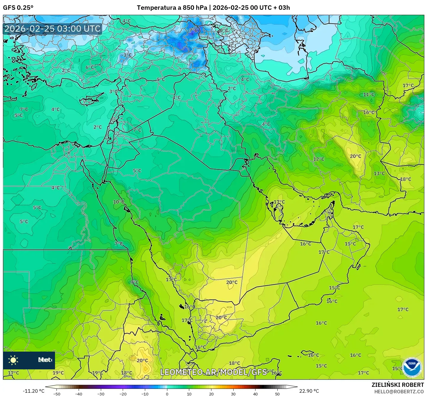 GFS model - Oriente Medio, Temperatura a 850 hPa