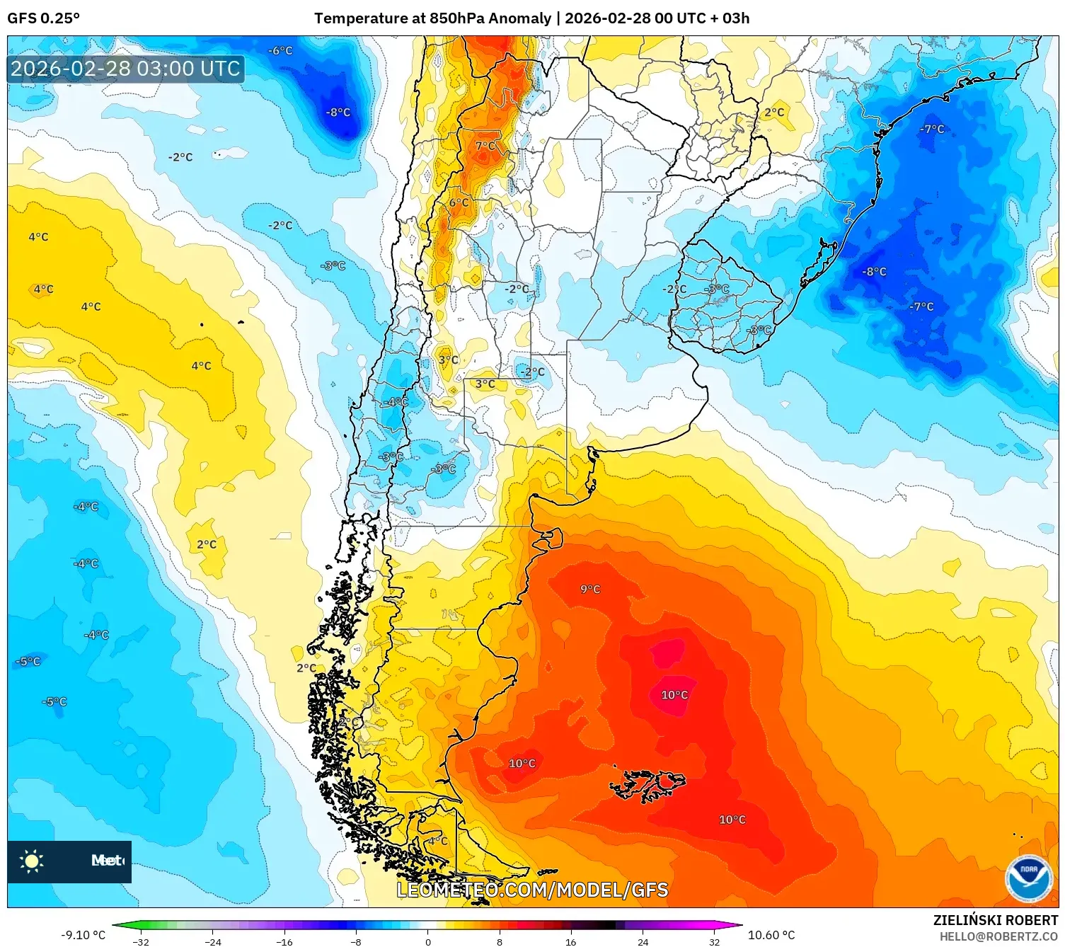 GFS model - Argentina, Anomalía de temperatura a 850 hPa