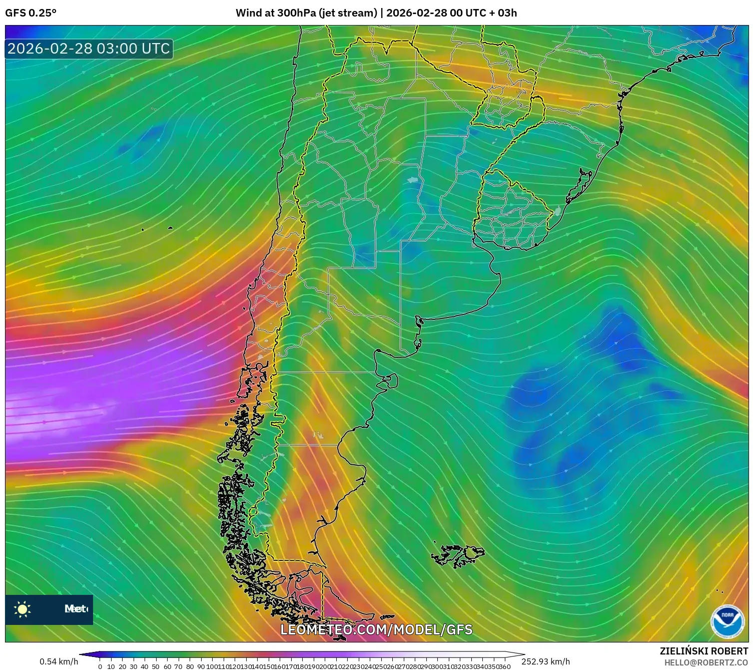 GFS model - Argentina, Viento a 300 hPa (corriente en chorro)