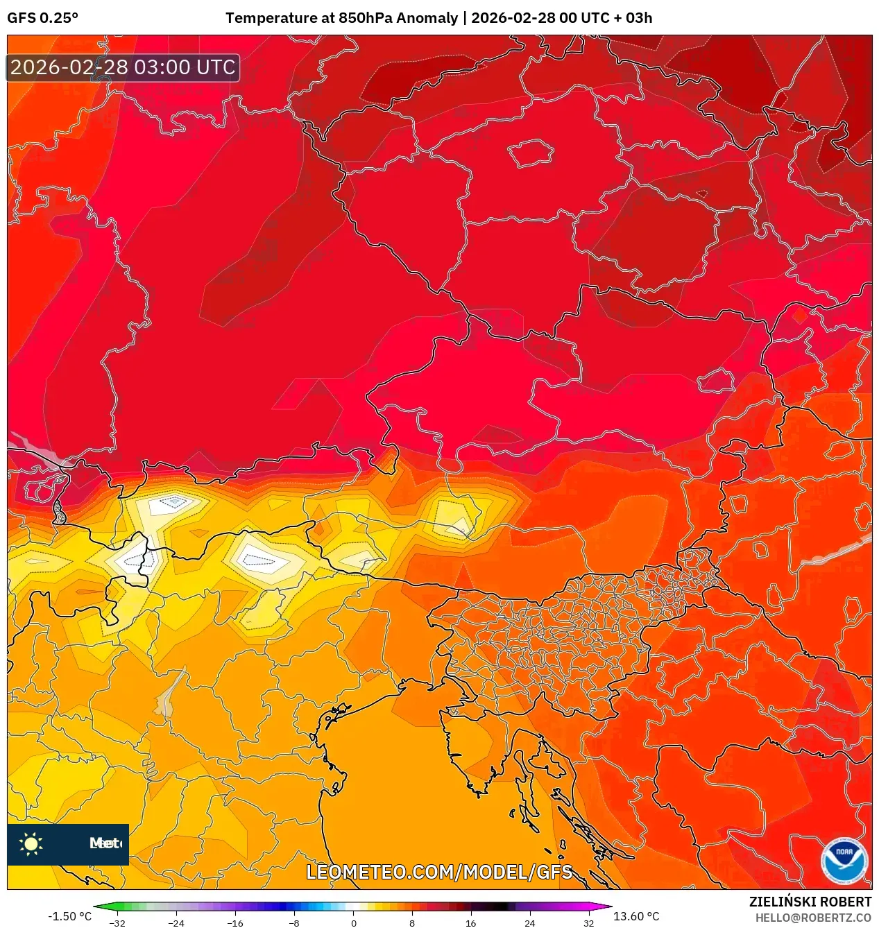 GFS model - Austria, Anomalía de temperatura a 850 hPa