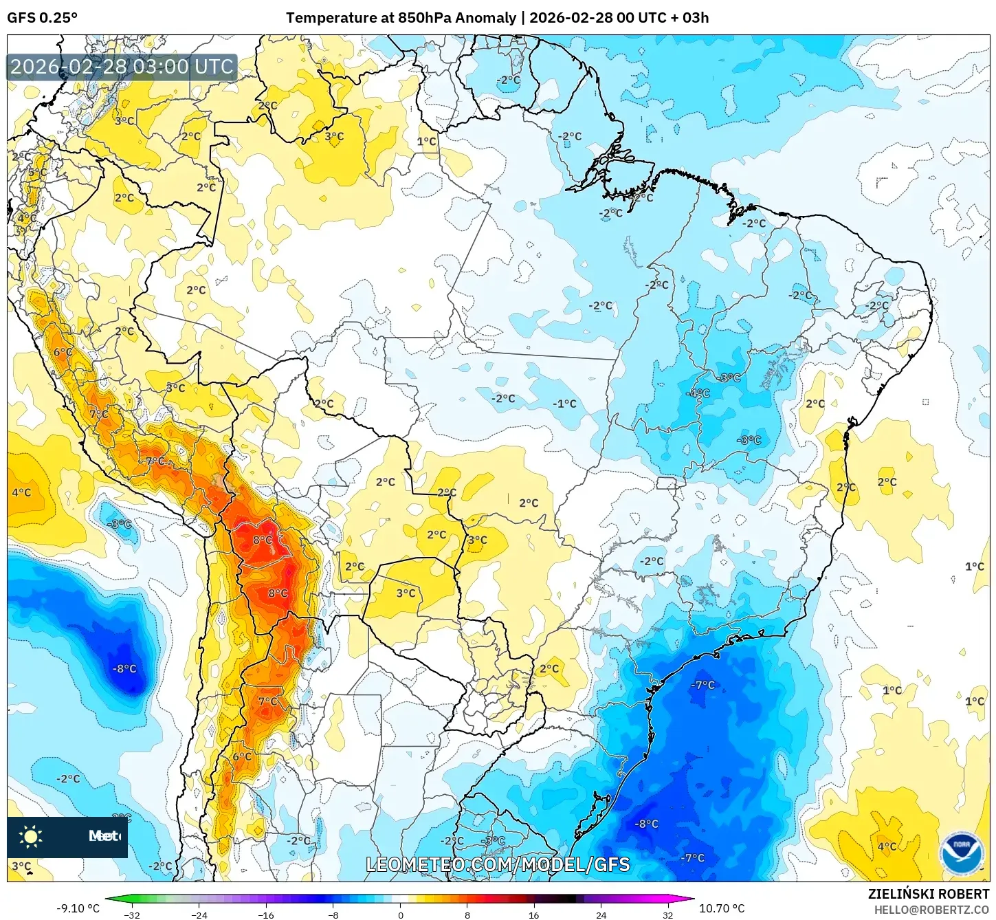 GFS model - Brasil, Anomalía de temperatura a 850 hPa
