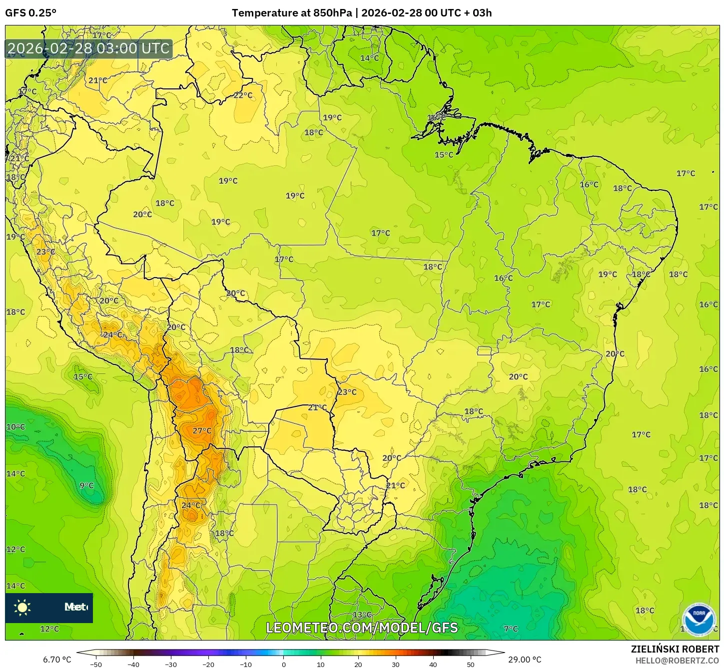 GFS model - Brasil, Temperatura a 850 hPa