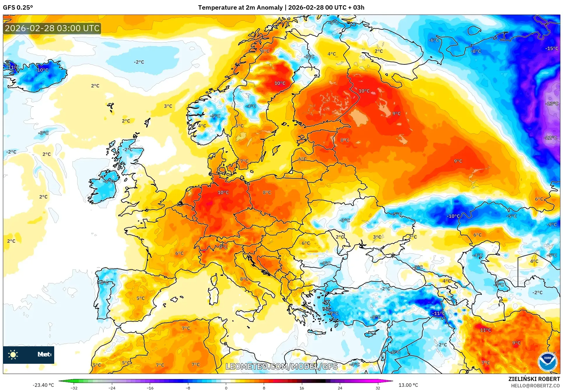 GFS model - Europa, Anomalía de temperatura a 2 m